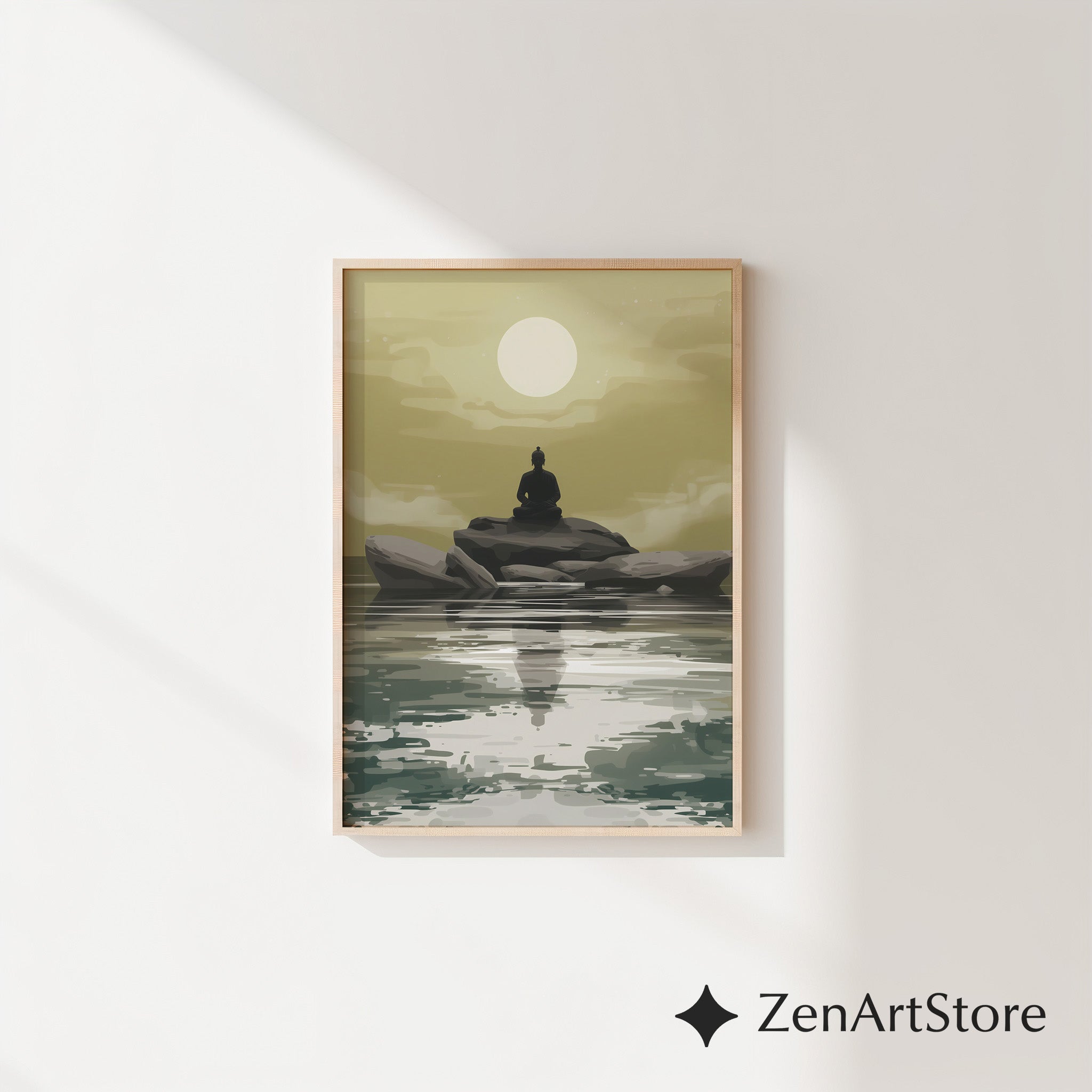 Zen Buddha Minimalist Wall Art - Meditative Landscape Print in Neutral Beige & Green for Japandi, Scandinavian Home Decor