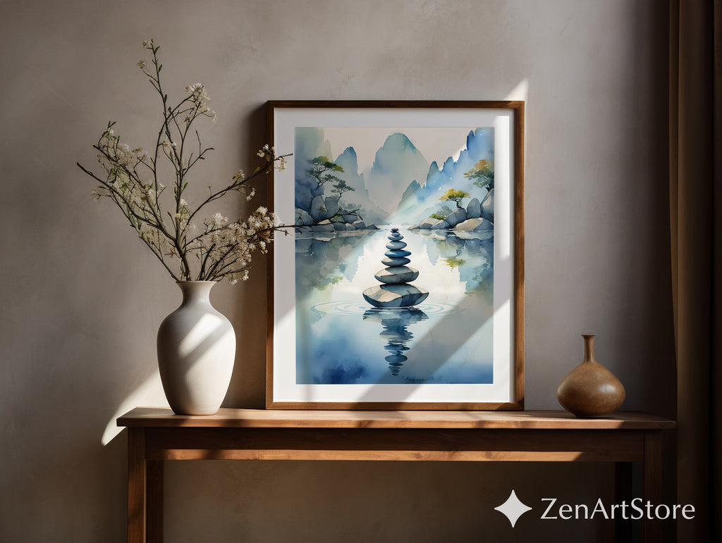 Zen Stone Stack Watercolor Print - Minimal Japandi Landscape Wall Art for Living Room, Bedroom & Meditation Space
