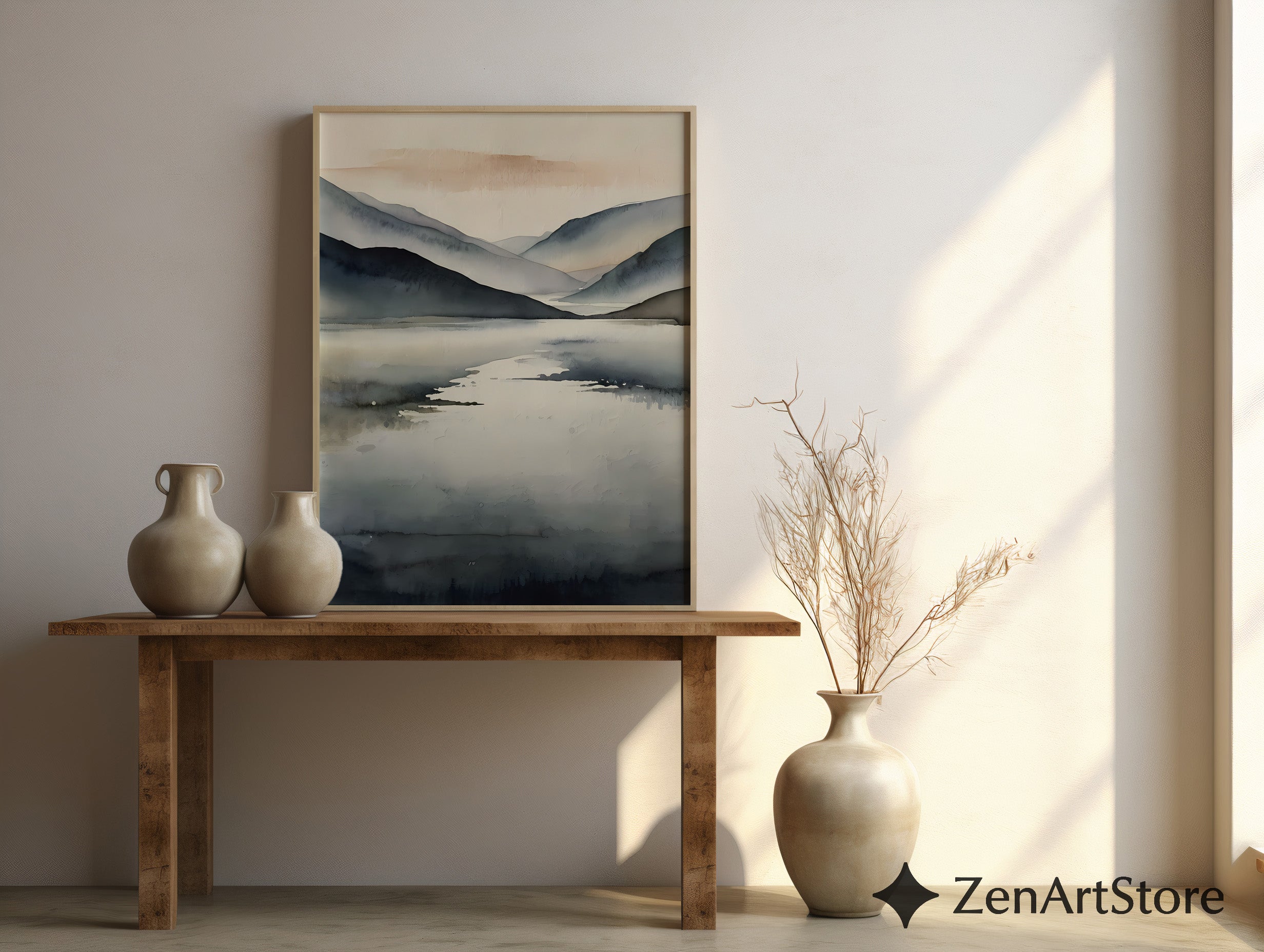 Minimal Abstract Mountain Lake Print - Neutral Japandi Wall Art, Calm Scandinavian Landscape