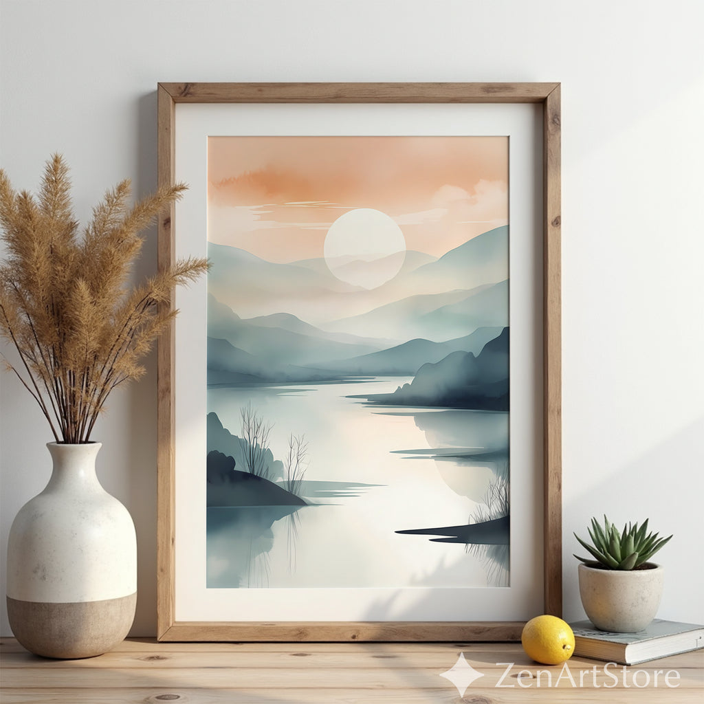 Sunrise Mist Landscape Print – Minimal Japandi Zen Wall Art, Neutral Mountain Lake Poster for Living Room