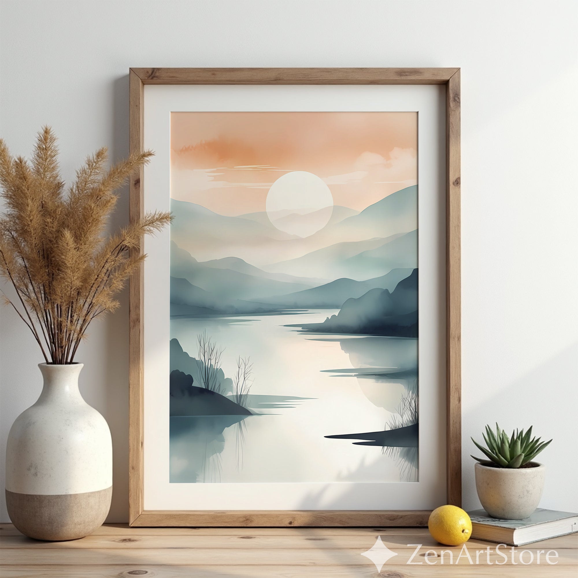 Sunrise Mist Landscape Print – Minimal Japandi Zen Wall Art, Neutral Mountain Lake Poster for Living Room