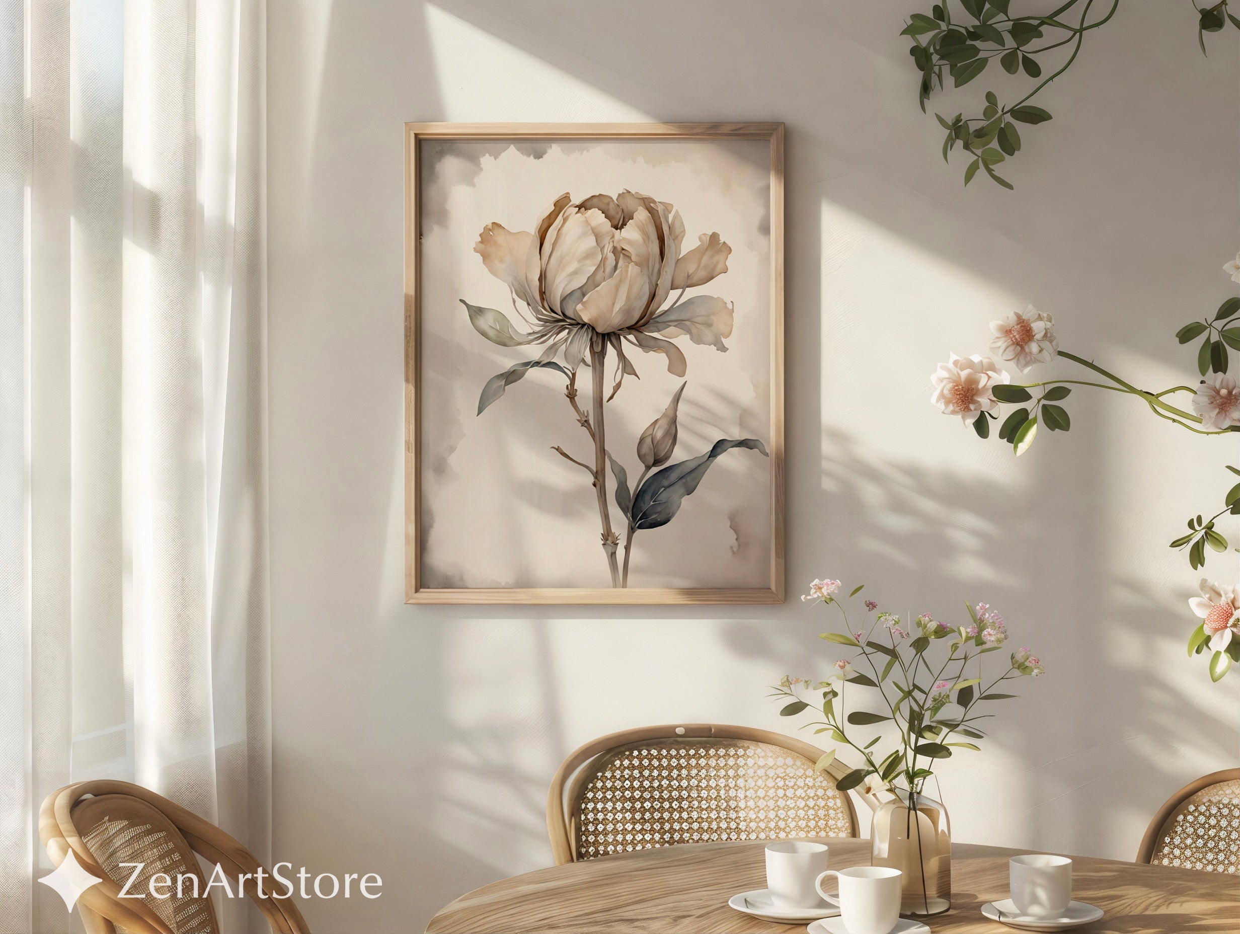 Neutral Peony Wall Art - Beige Botanical Watercolor Print, Japandi Minimal Flower Poster for Living Room & Bedroom