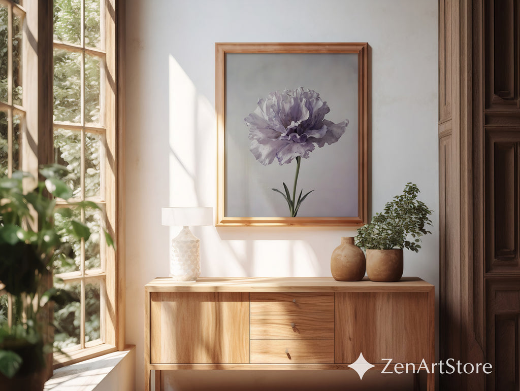 Lavender Peony Floral Art Print - Minimal Botanical Wall Art for Neutral Japandi, Scandinavian & Boho Home Decor