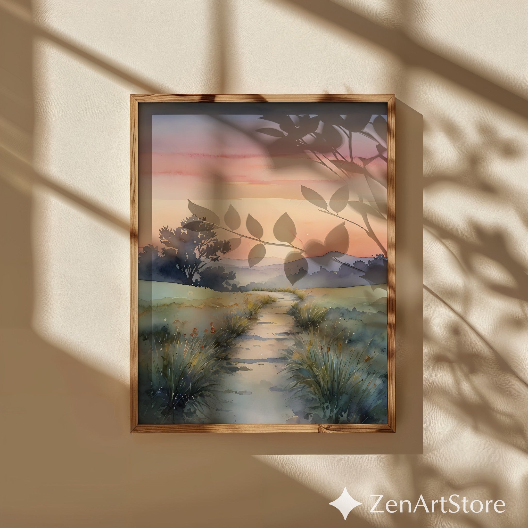 Serene Watercolor Sunrise Path Landscape Print - Calming Neutral Wall Art for Living Room, Japandi Minimal Decor