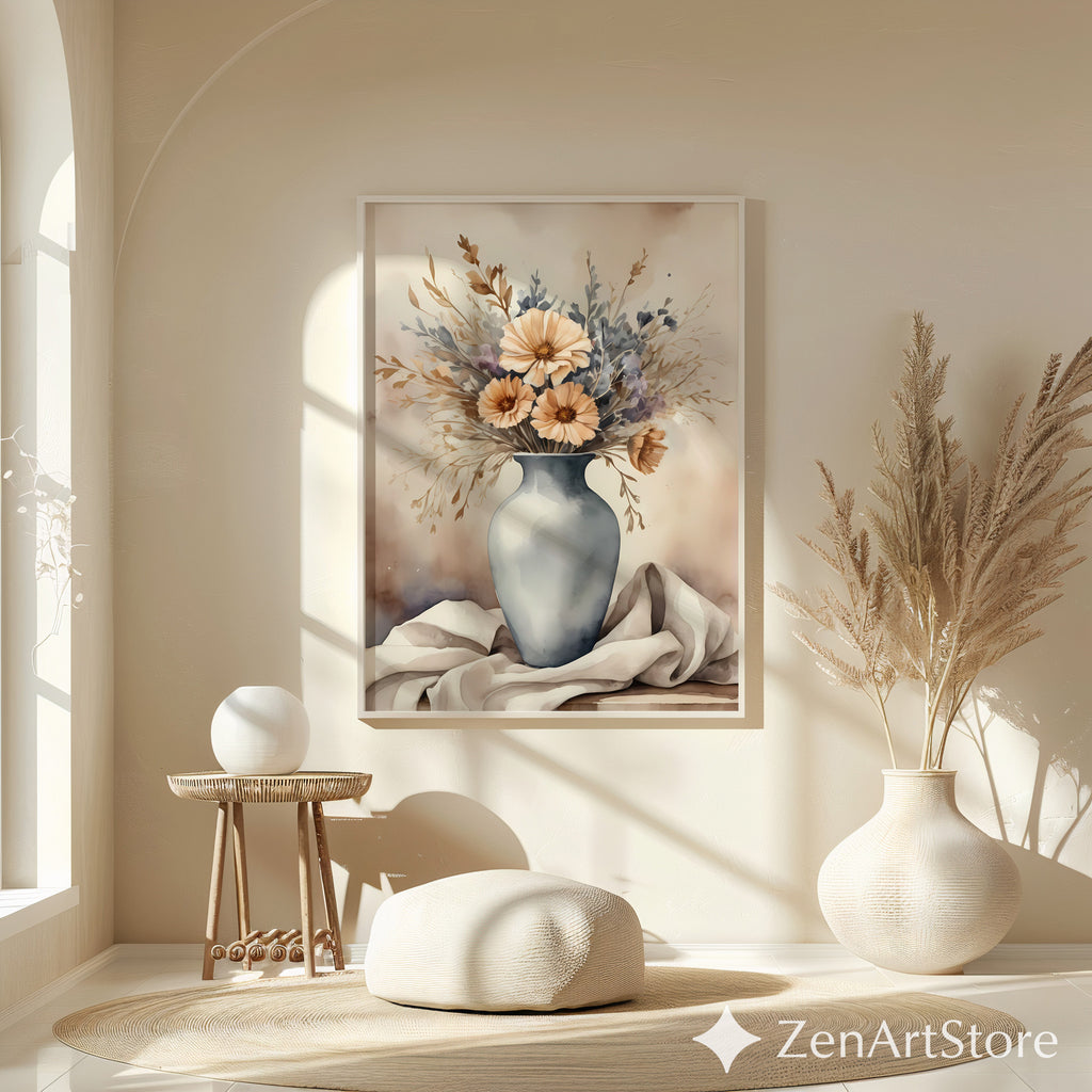 Neutral Floral Vase Art Print - Japandi Wabi Sabi Beige Botanical Wall Decor, Minimal Scandinavian Home Accent