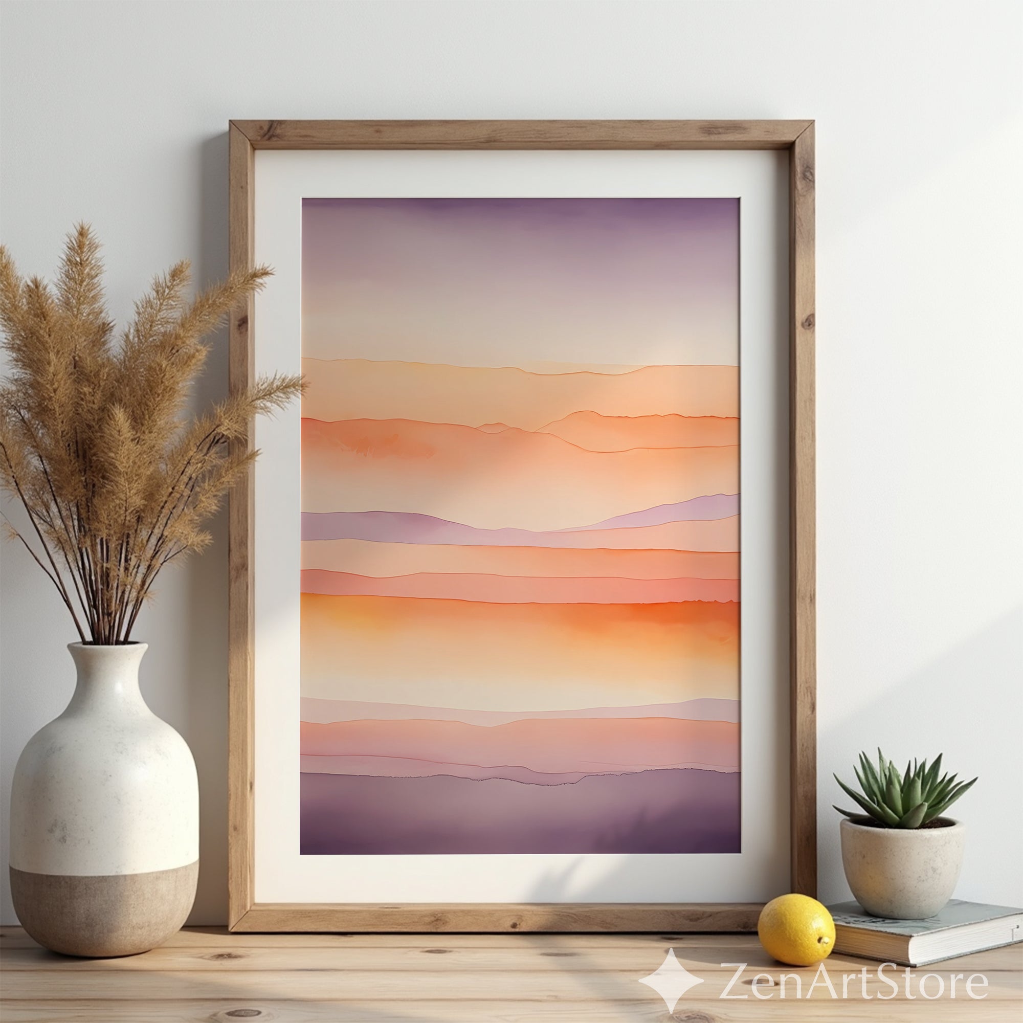 Sunset Layers Abstract Wall Art - Minimal Watercolor Landscape Print in Peach Blush Lavender - Modern Japandi Boho Home Decor