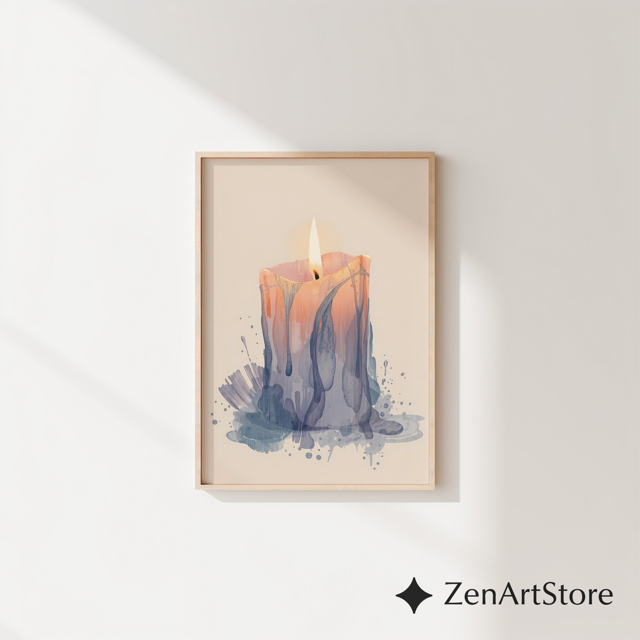 Melting Candle Minimal Art Print - Wabi Sabi Japandi Neutral Wall Decor, Beige Blue Abstract Candle Painting