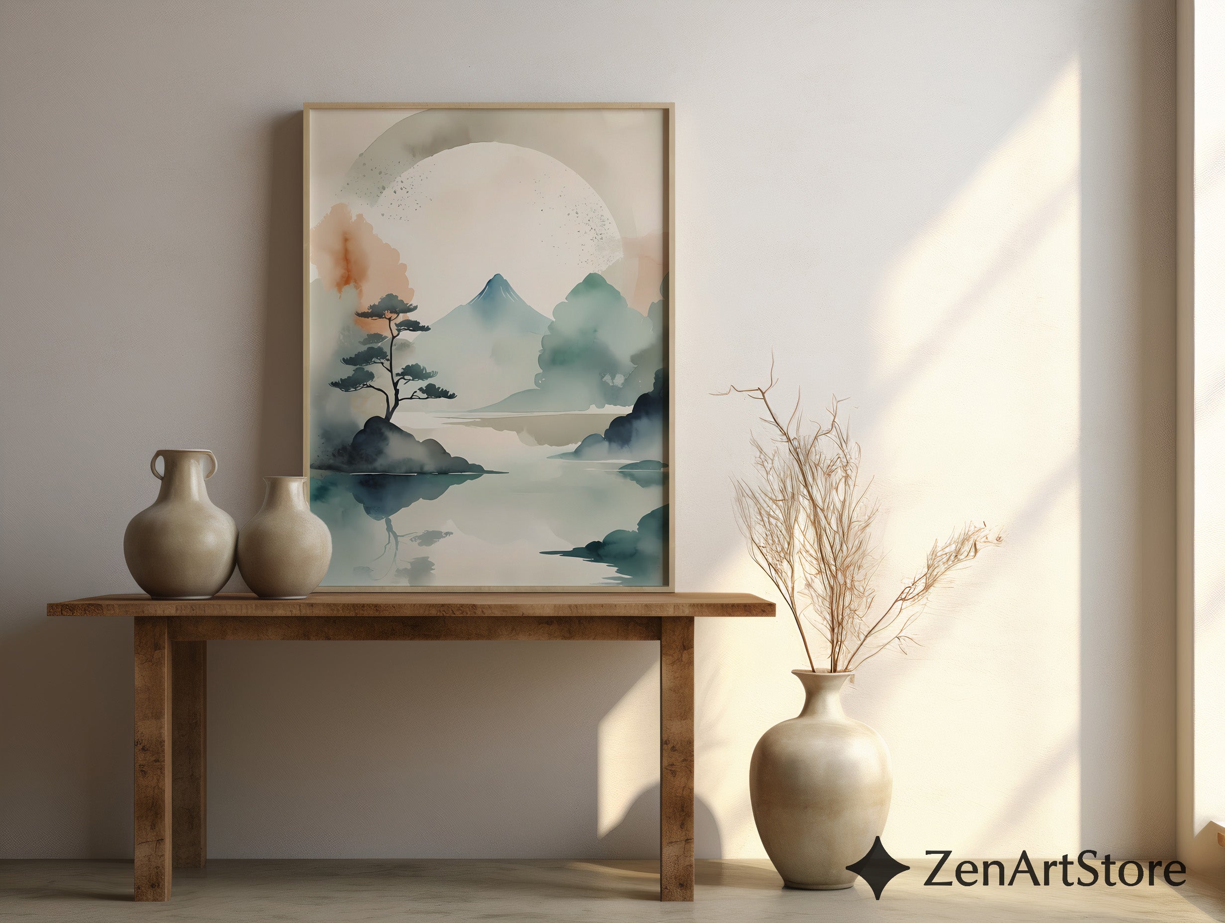 Japandi Watercolor Mountain Print - Zen Minimal Landscape Wall Art, Neutral Beige Teal Abstract for Living Room & Bedroom