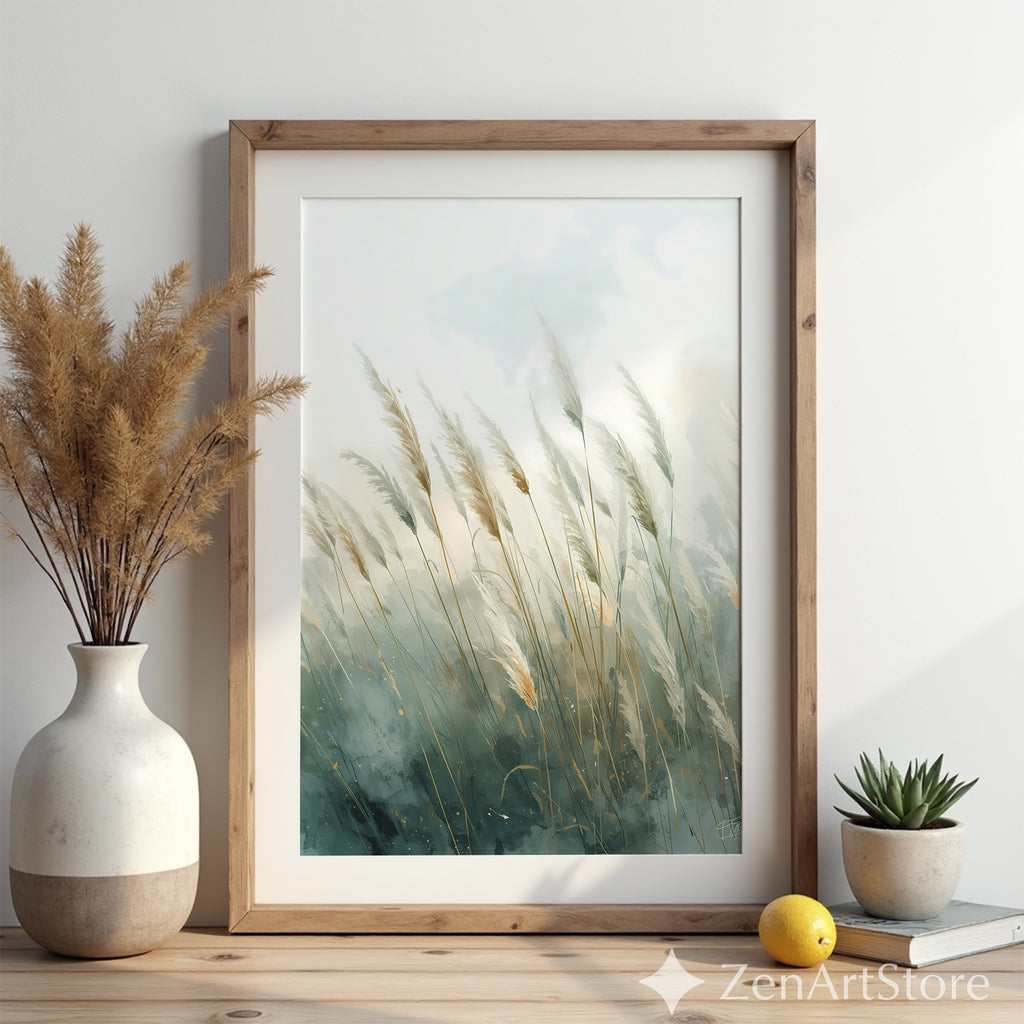 Pampas Grass Wall Art Print – Neutral Botanical Minimalist Canvas, Calm Teal Beige Landscape for Living Room, Bedroom, Japandi Home Decor