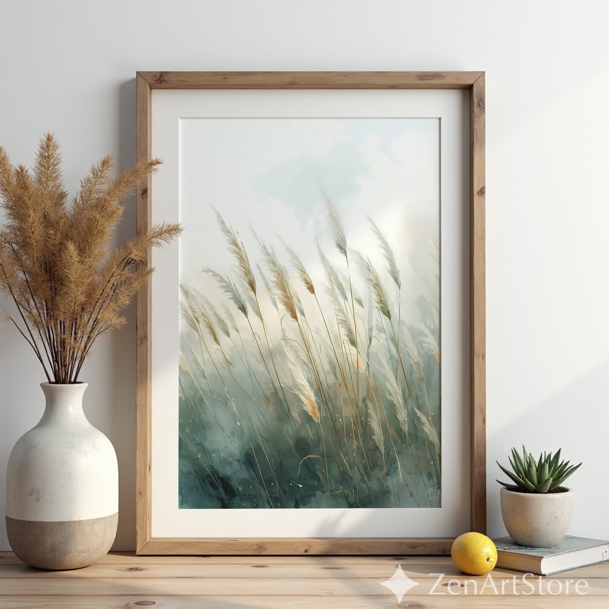 Pampas Grass Wall Art Print – Neutral Botanical Minimalist Canvas, Calm Teal Beige Landscape for Living Room, Bedroom, Japandi Home Decor