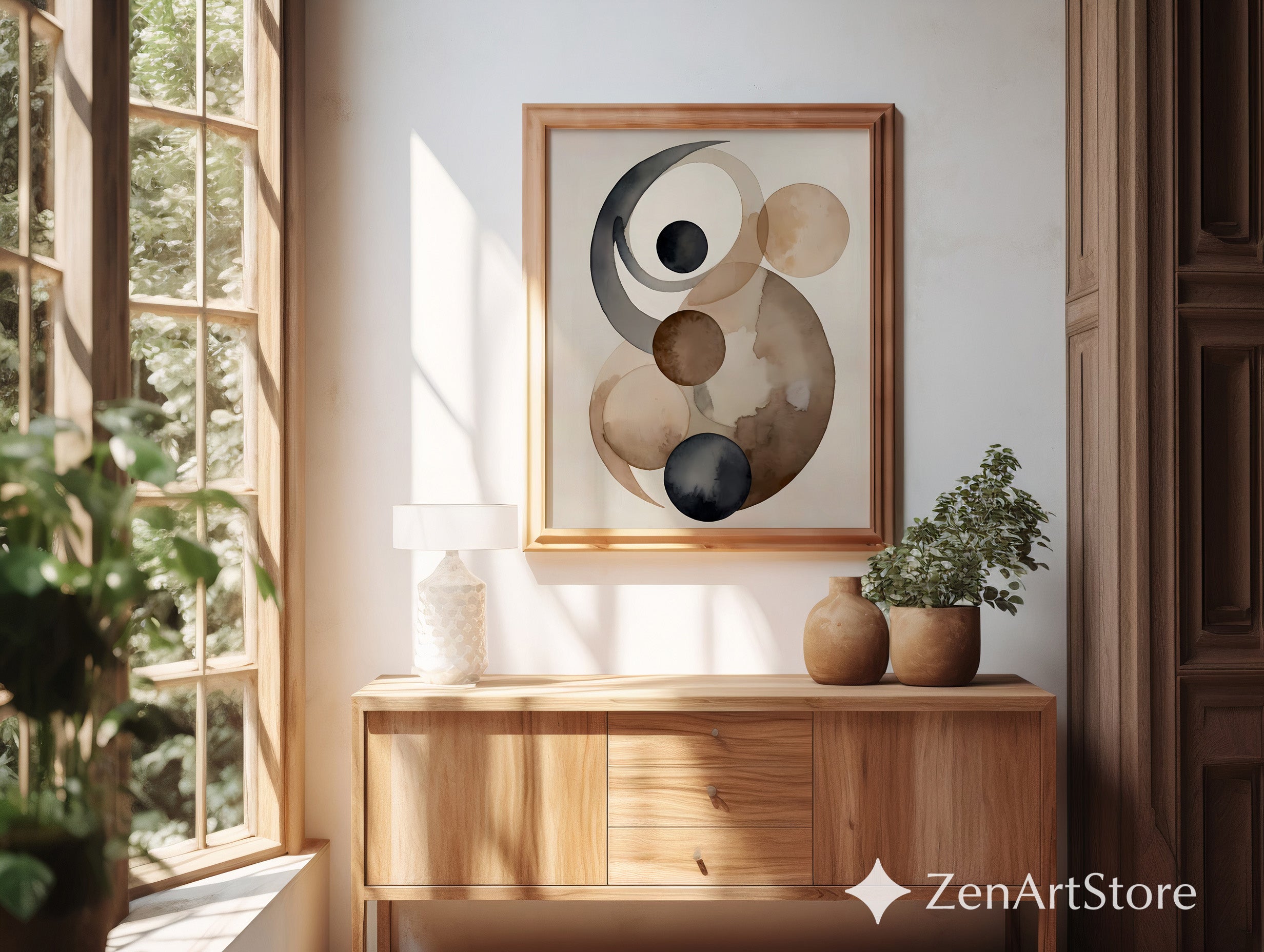 Neutral Abstract Wall Art - Minimalist Circle Watercolor Print in Brown Beige Black, Japandi Scandinavian Home Decor