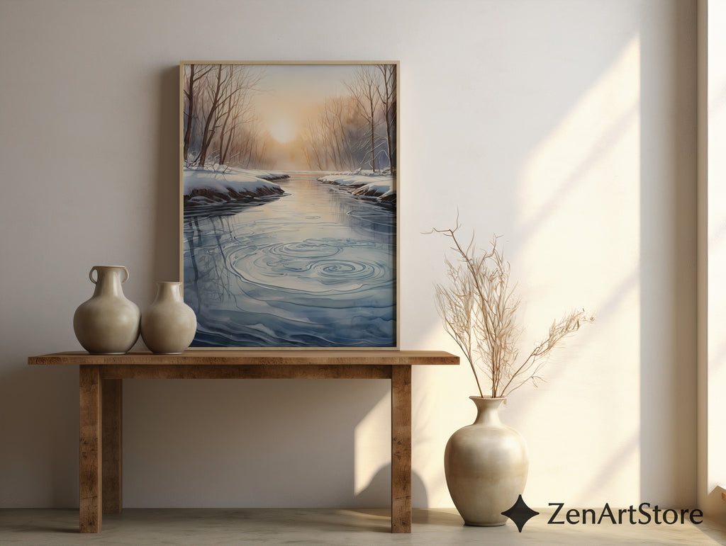 Winter River Sunrise Print - Minimal Scandinavian Landscape Wall Art, Neutral Japandi Zen Home Decor