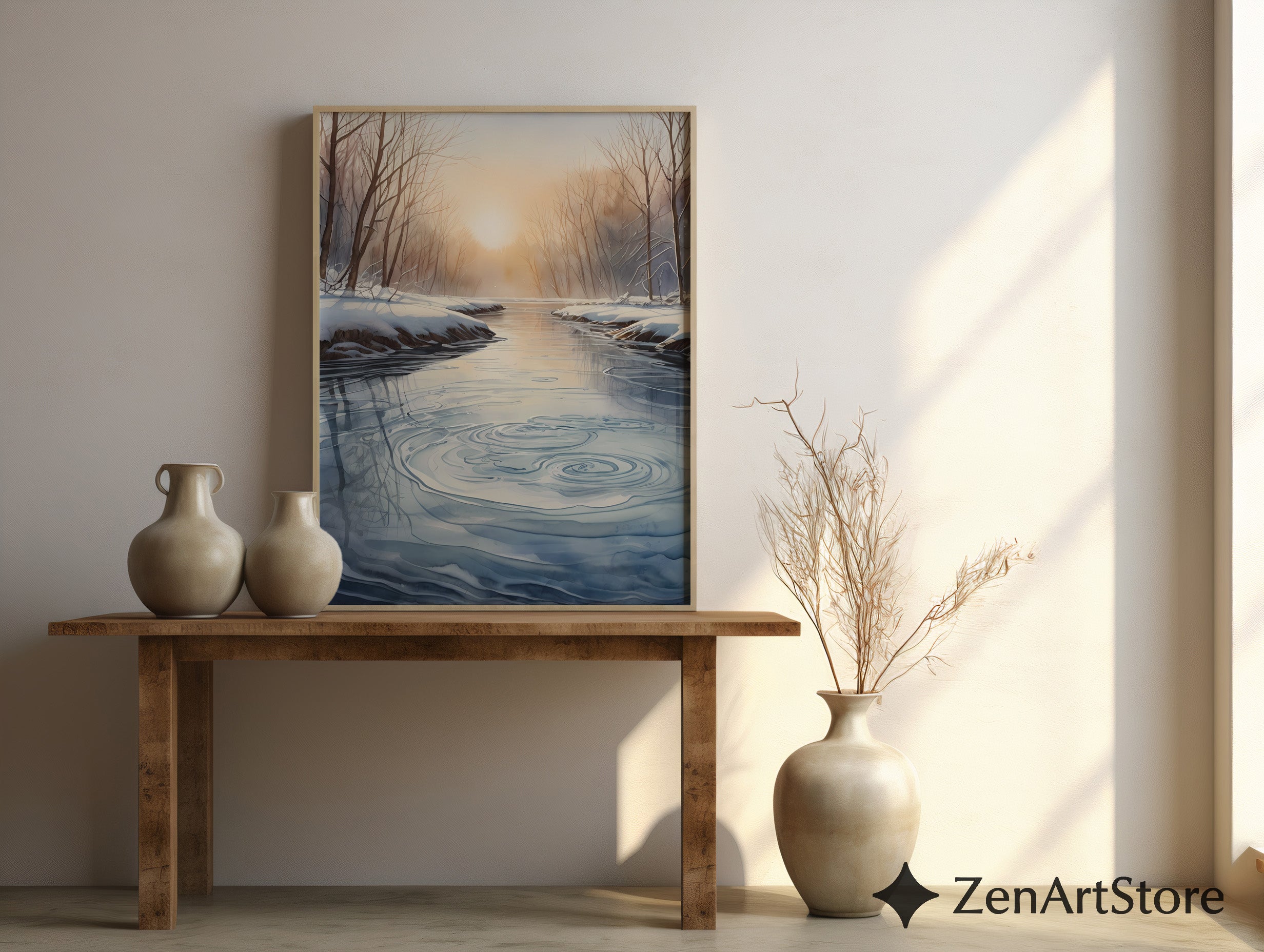 Winter River Sunrise Print - Minimal Scandinavian Landscape Wall Art, Neutral Japandi Zen Home Decor