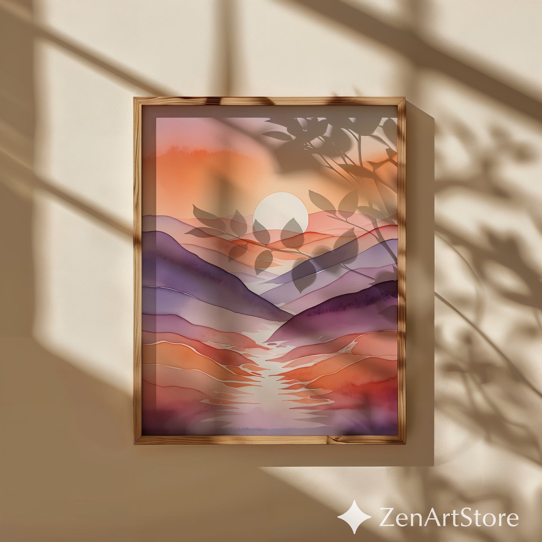 Sunset Mountain Watercolor Print – Minimal Abstract Landscape Wall Art Pink Orange Purple Japandi Boho Neutral Home Decor