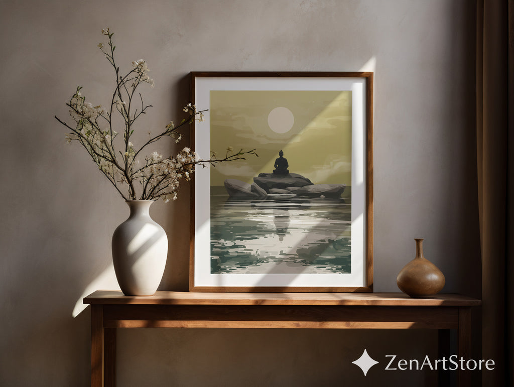 Zen Buddha Minimalist Wall Art - Meditative Landscape Print in Neutral Beige & Green for Japandi, Scandinavian Home Decor
