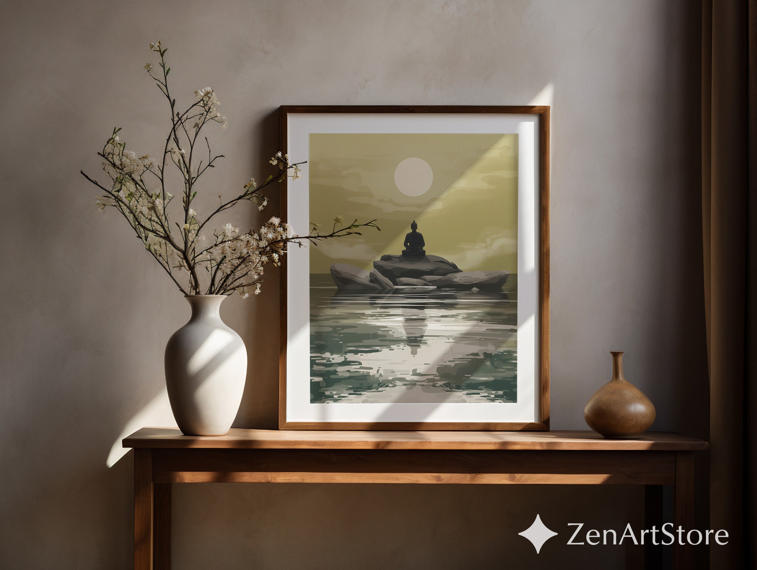 Zen Buddha Minimalist Wall Art - Meditative Landscape Print in Neutral Beige & Green for Japandi, Scandinavian Home Decor