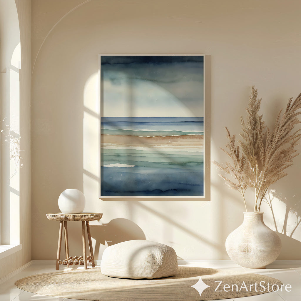 Abstract Coastal Watercolor Print Calm Blue Beige Seascape Minimal Japandi Wall Art Neutral Home Decor