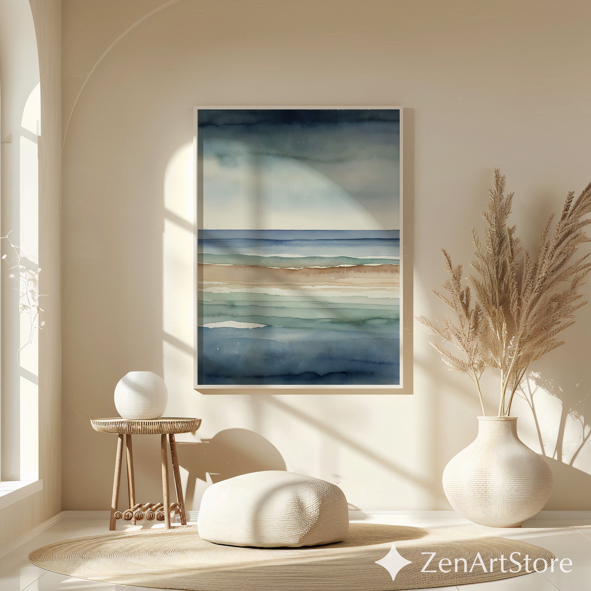 Abstract Coastal Watercolor Print Calm Blue Beige Seascape Minimal Japandi Wall Art Neutral Home Decor