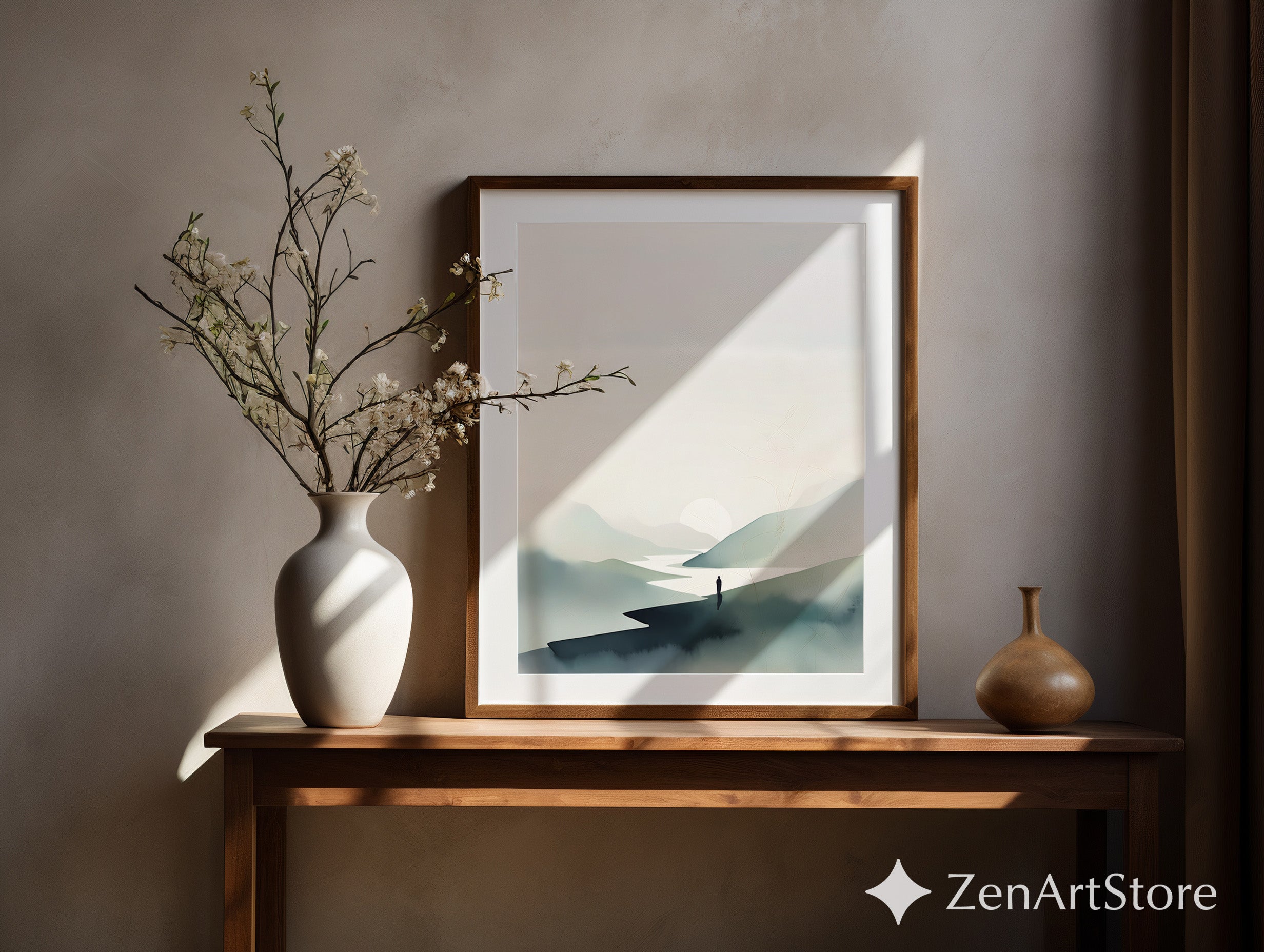 Minimalist Mountain Print - Zen Landscape Wall Art, Japandi Neutral Sun & River, Scandinavian Calm Home Decor