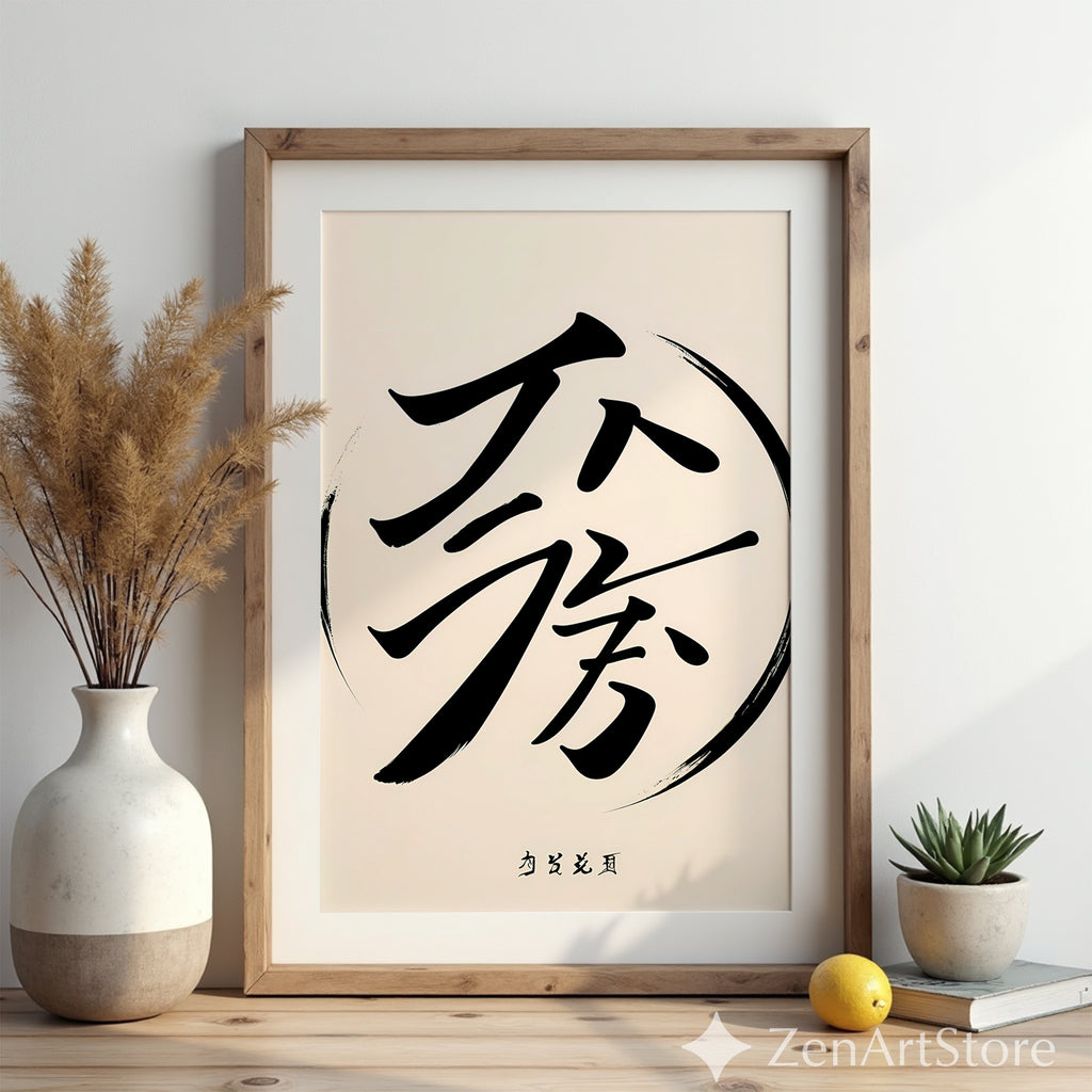 Minimalist Asian Calligraphy Wall Art - Zen Black Brush Stroke on Soft Beige - Japandi Wabi Sabi Modern Poster