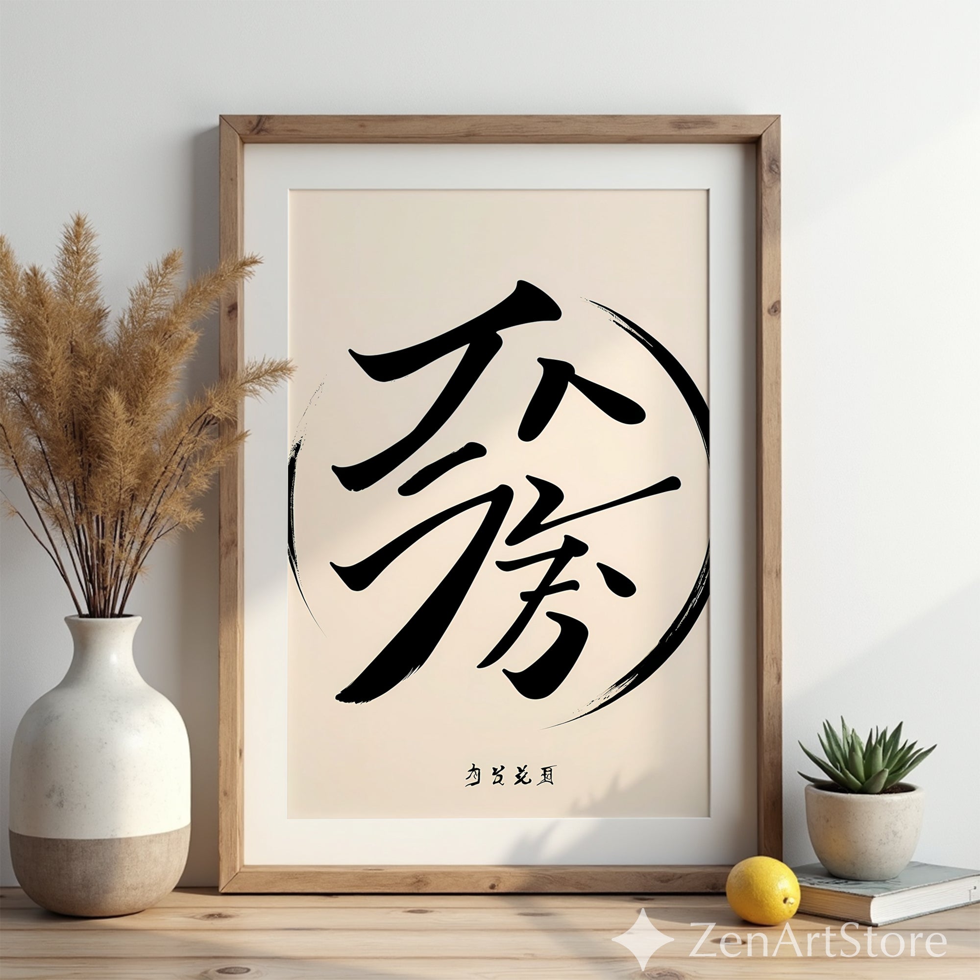 Minimalist Asian Calligraphy Wall Art - Zen Black Brush Stroke on Soft Beige - Japandi Wabi Sabi Modern Poster