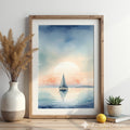 Calm Sailboat Watercolor Print - Serene Sunset Nautical Wall Art for Coastal Home