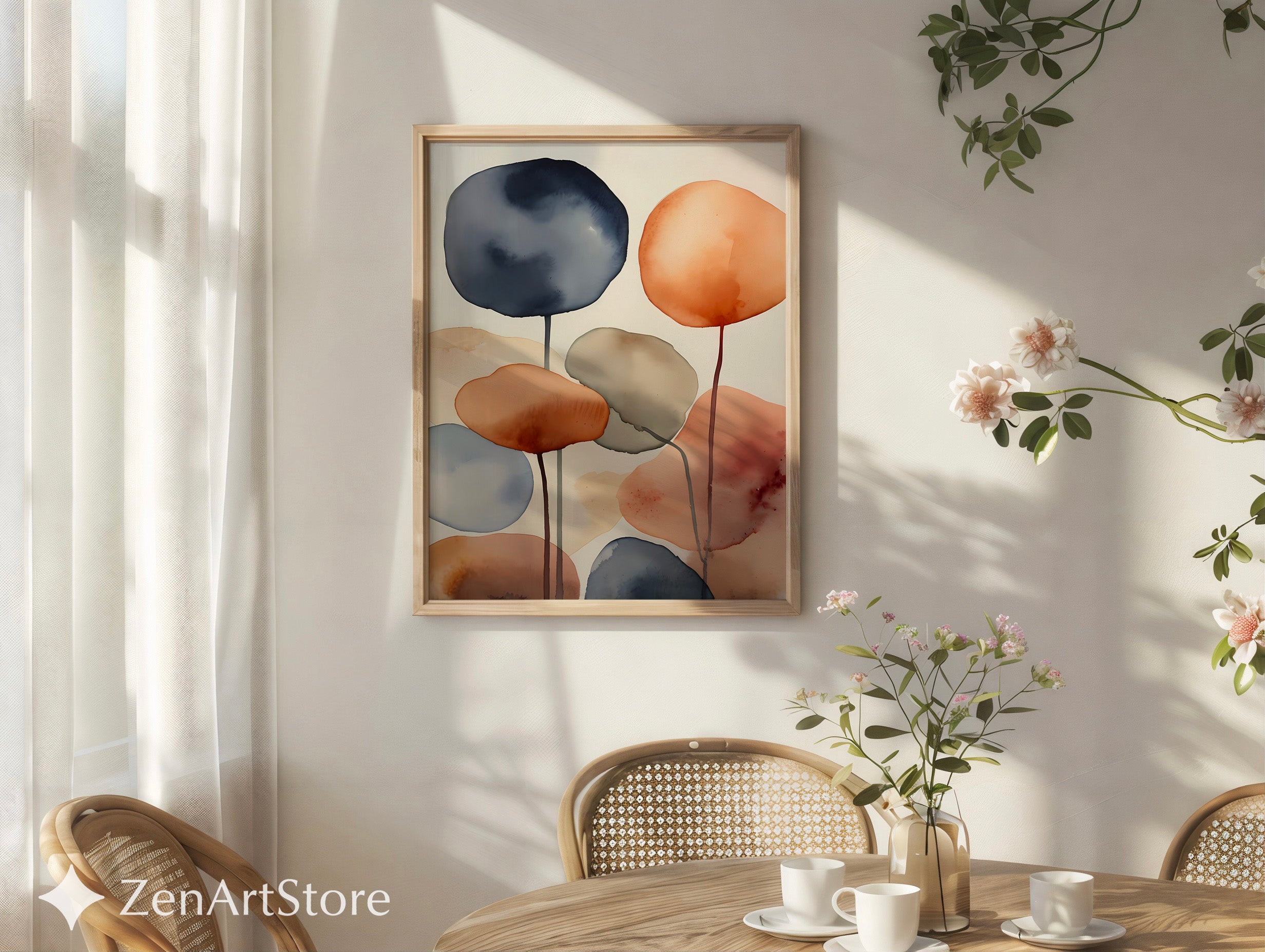 Abstract Watercolor Wall Art Neutral Terracotta & Blue - Minimal Japandi Scandi Zen Print for Living Room Bedroom