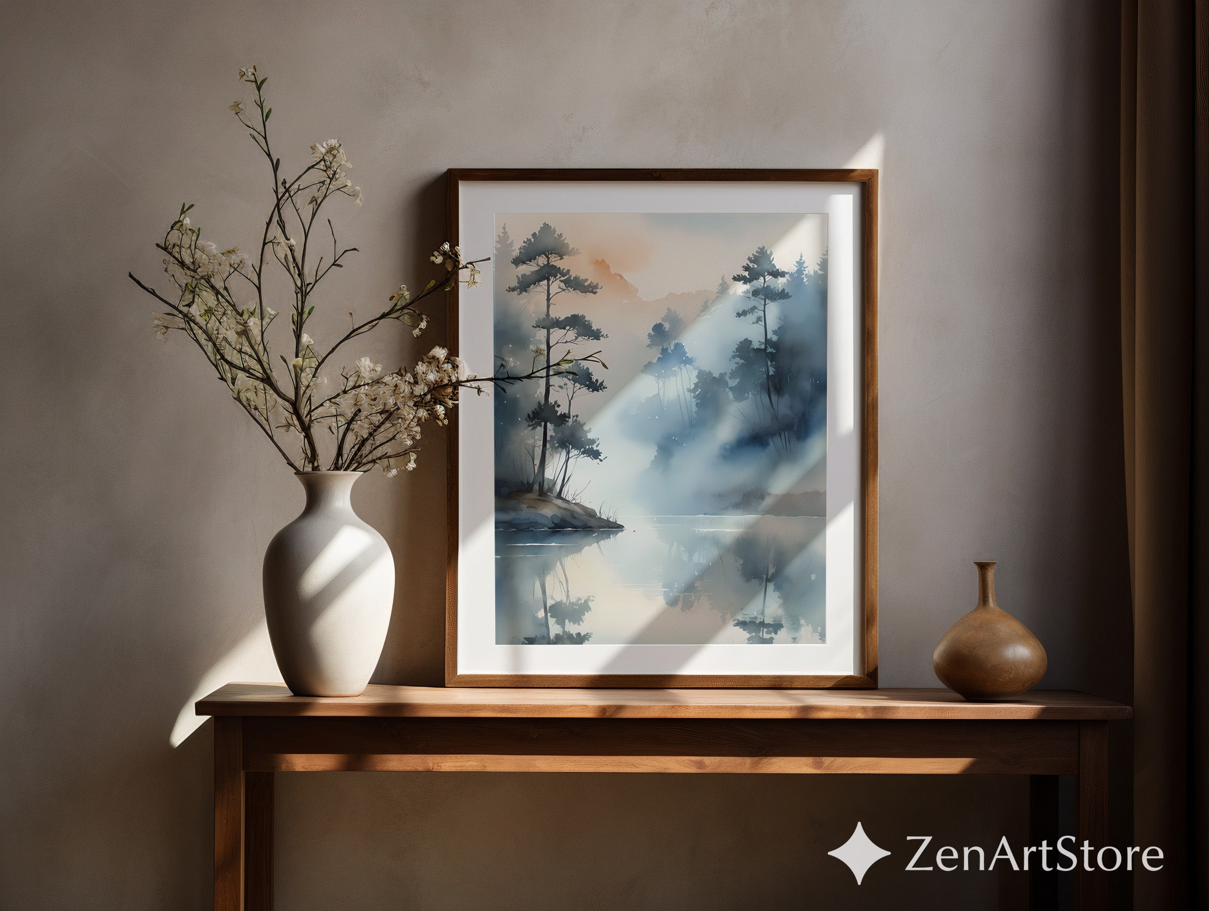 Misty Lake Watercolor Wall Art | Minimal Japandi Landscape Print, Calm Neutral Blue Home Decor