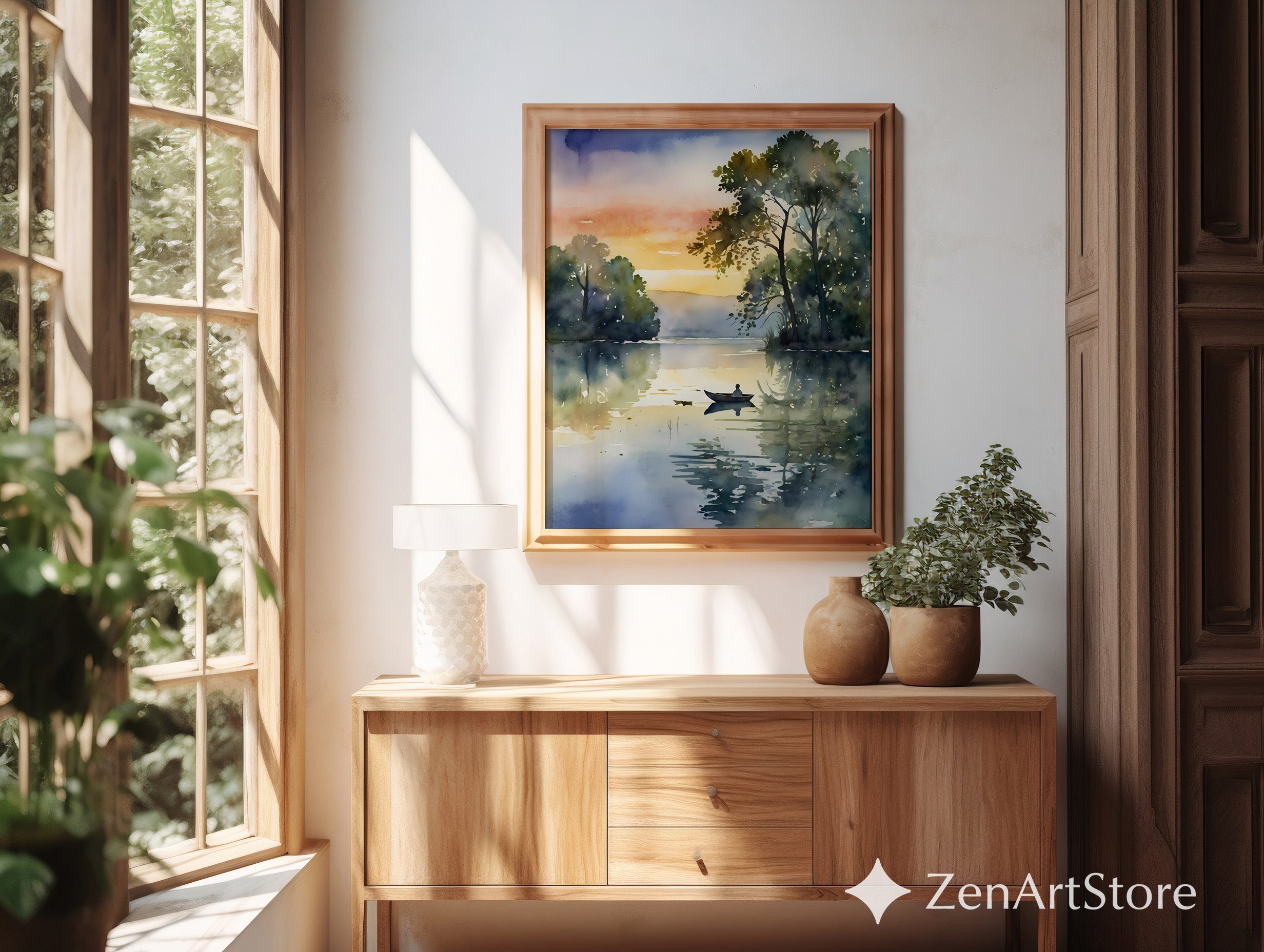 Serene Lake Sunrise Watercolor Print - Minimal Boat Landscape Wall Art for Living Room, Bedroom, Japandi Zen Decor