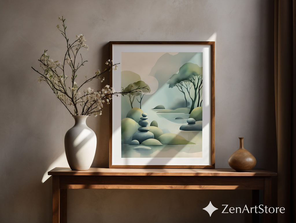 Zen Landscape Print - Minimal Abstract Nature Wall Art, Japandi Misty Trees & Stacked Stones Neutral Green Home Decor