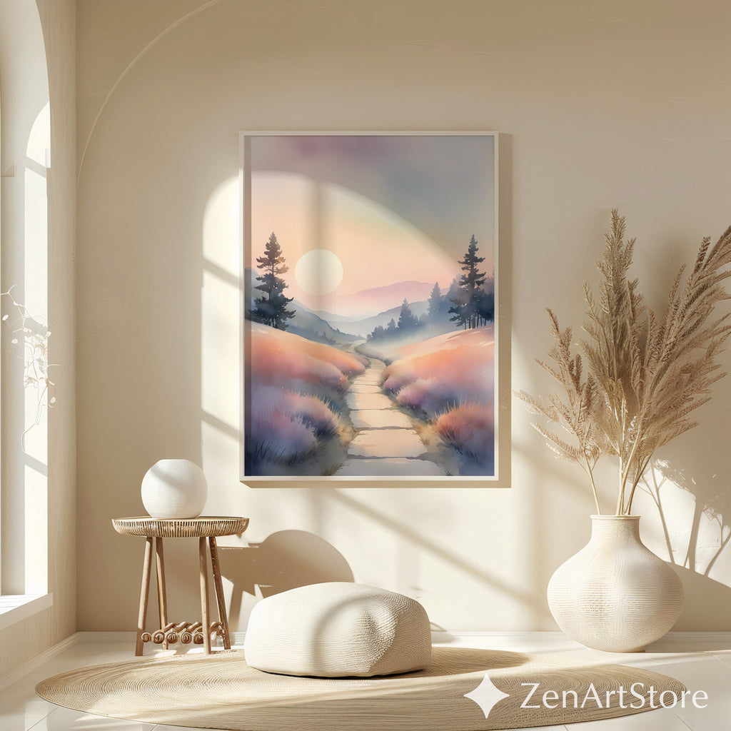 Misty Pastel Sunrise Landscape Print — Serene Pathway Wall Art for Zen, Japandi & Minimal Home Decor