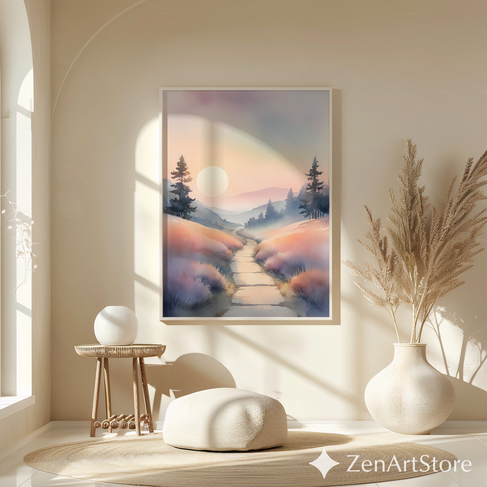 Misty Pastel Sunrise Landscape Print — Serene Pathway Wall Art for Zen, Japandi & Minimal Home Decor