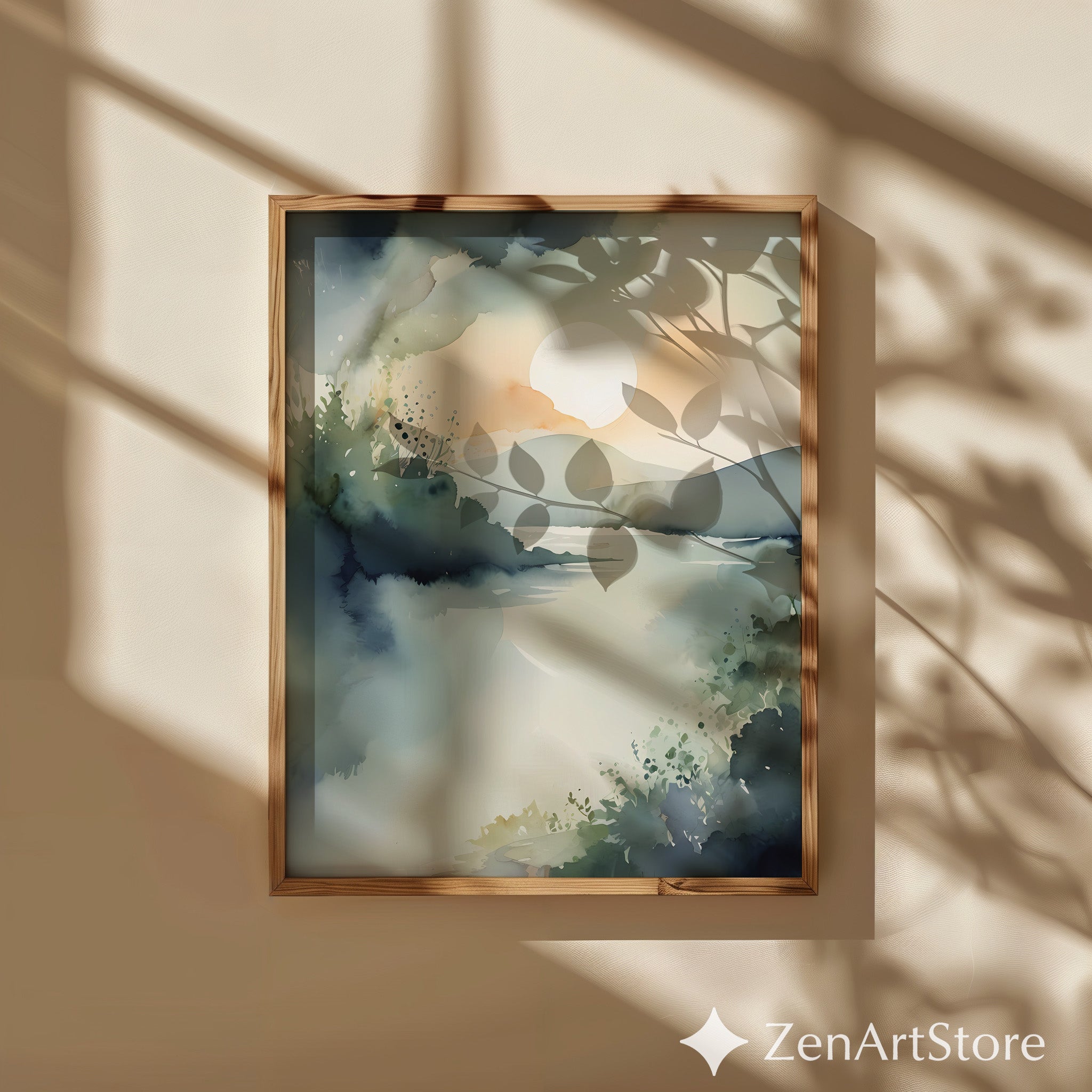 Calm Sunrise Watercolor Landscape Print - Minimal Zen Lake Art for Neutral Home Decor, Japandi Scandinavian Wall Art