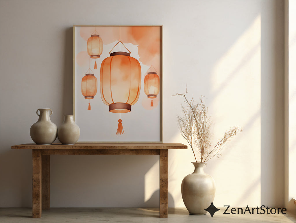 Warm Orange Lantern Wall Art - Minimal Paper Lantern Print, Japandi Zen Home Decor, Digital Download & Fine Art Print