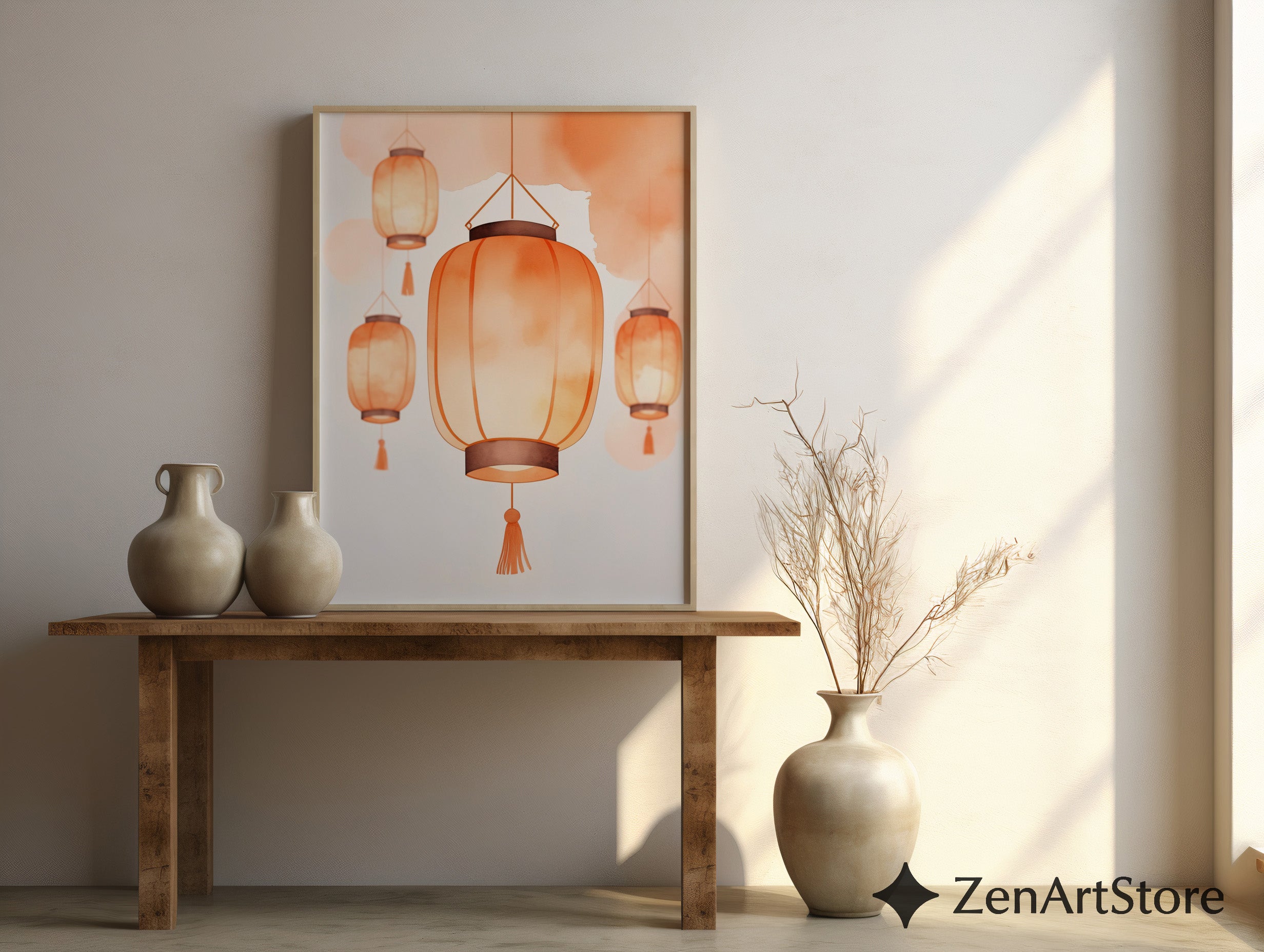 Warm Orange Lantern Wall Art - Minimal Paper Lantern Print, Japandi Zen Home Decor, Digital Download & Fine Art Print