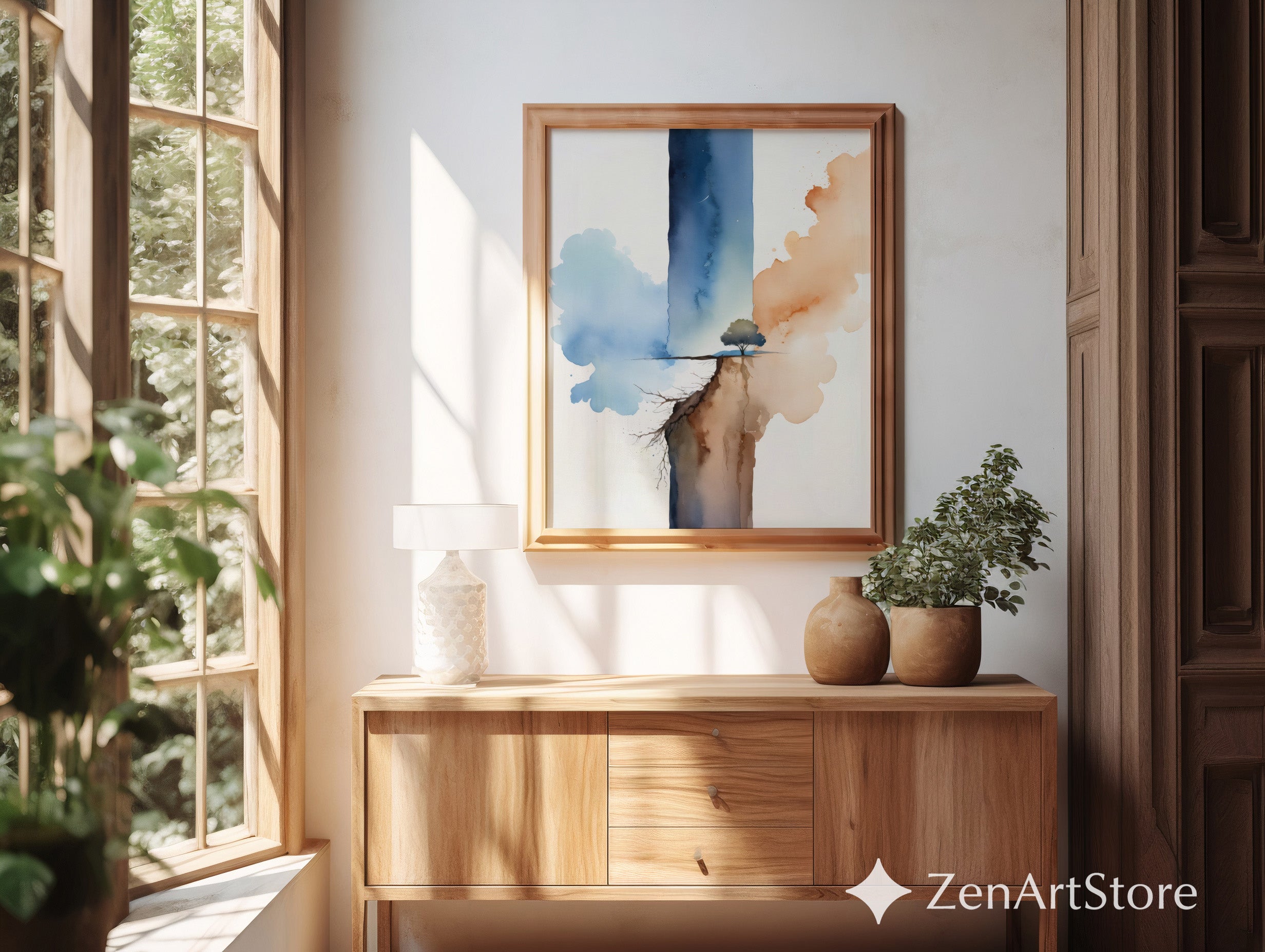 Ethereal Watercolor Tree Print - Minimal Abstract Landscape Art for Zen Neutral Home Decor, Japandi Living Room Wall Art