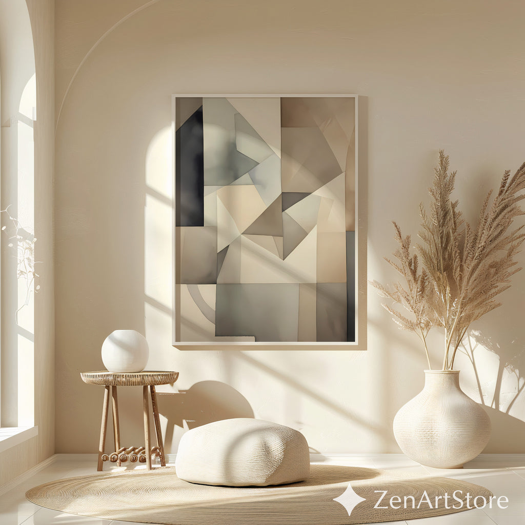 Neutral Geometric Abstract Wall Art - Beige Gray Minimalist Print for Living Room, Japandi Wabi Sabi Home Decor