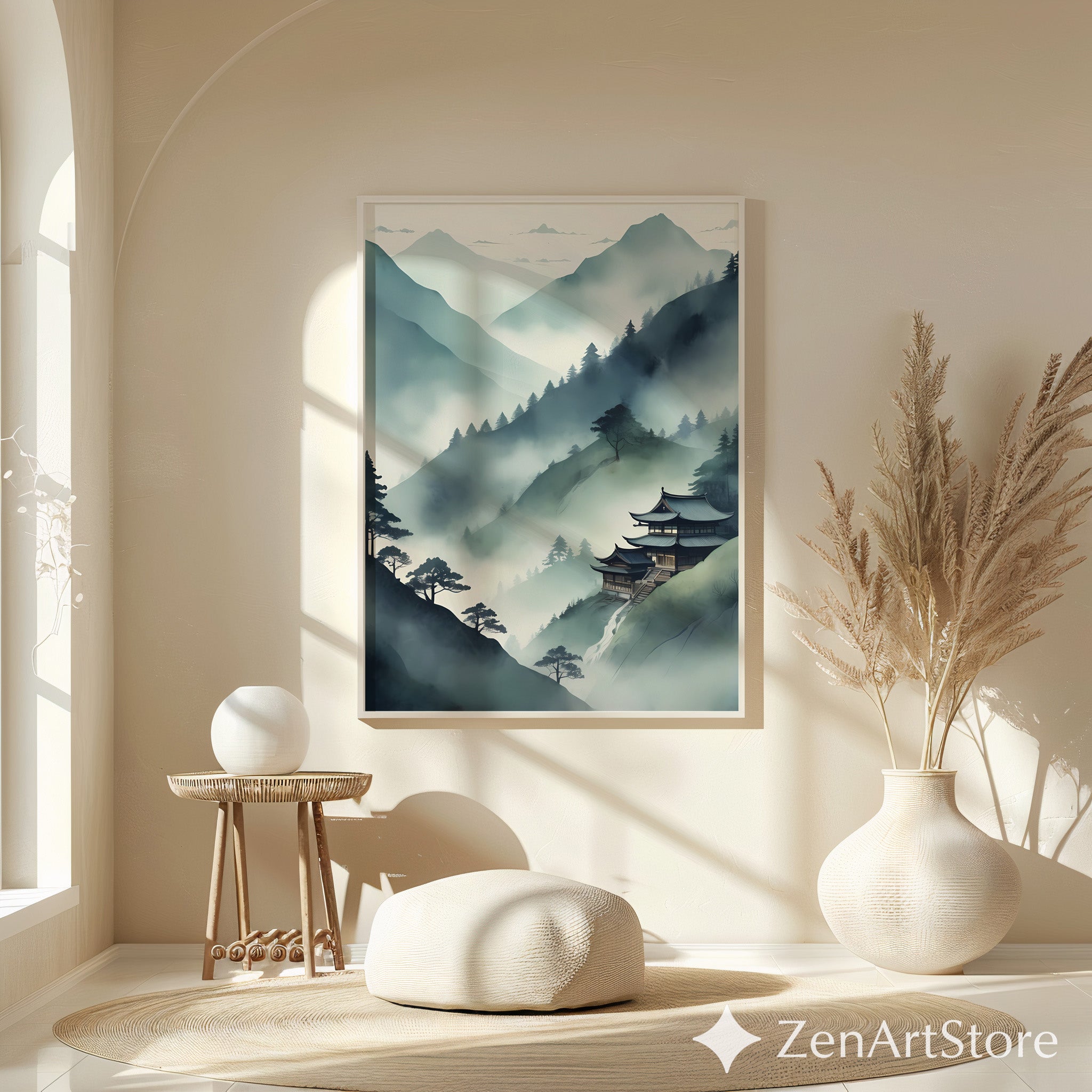 Misty Mountain Temple Wall Art - Zen Japandi Japanese Landscape Print - Minimal Wabi Sabi Home Decor