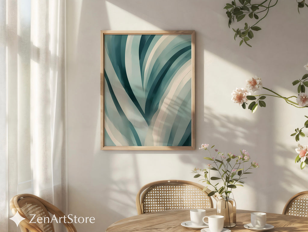 Teal Abstract Botanical Wall Art - Minimal Japandi Blue Green Print for Calm Modern Home Decor