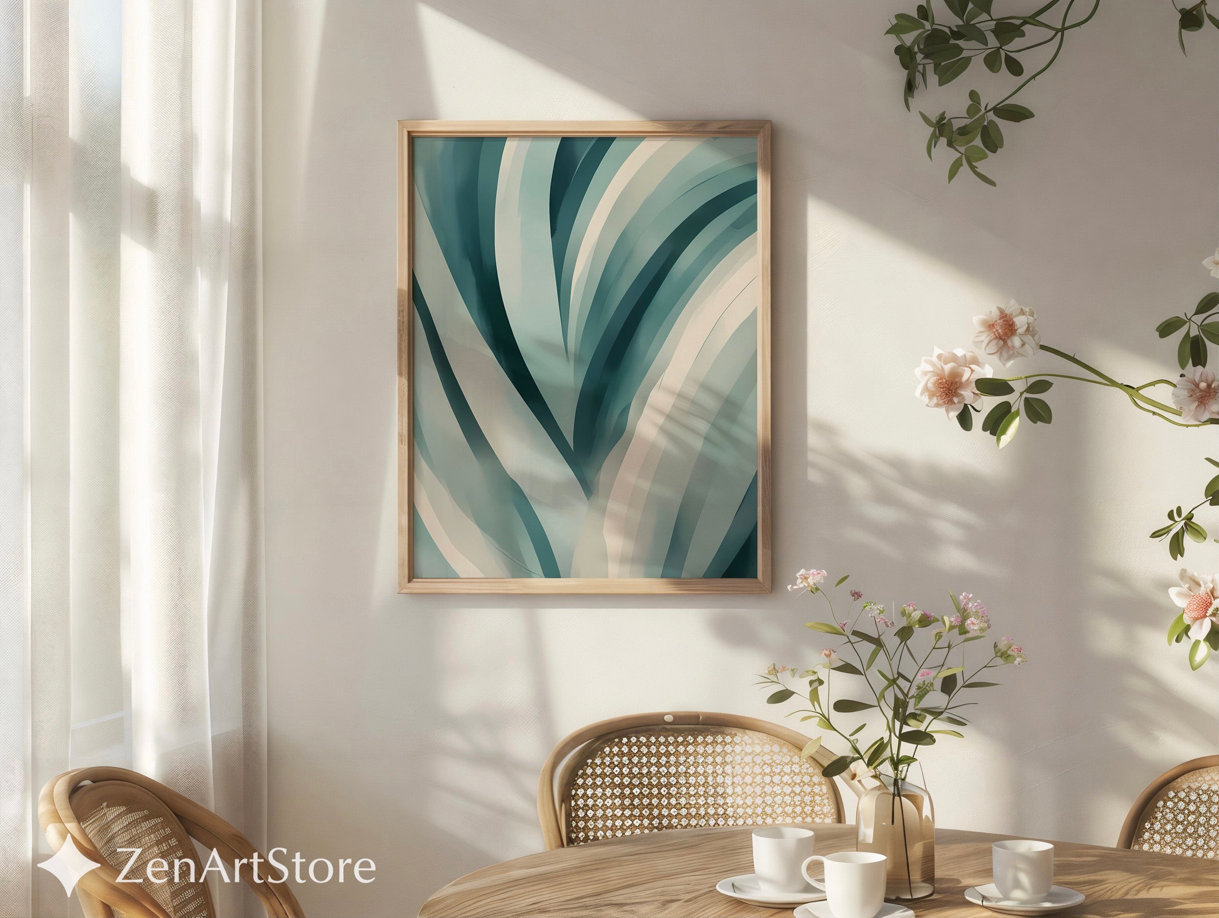 Teal Abstract Botanical Wall Art - Minimal Japandi Blue Green Print for Calm Modern Home Decor