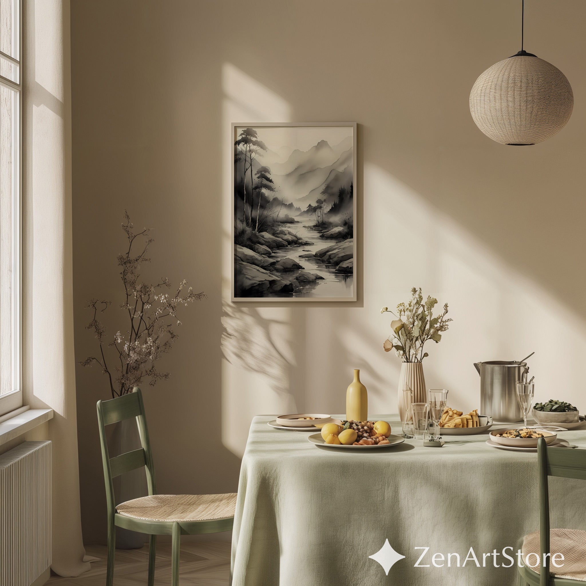 Ink-Wash Mountain River Print - Zen Minimal Monochrome Landscape Wall Art for Japandi, Scandinavian & Wabi-Sabi Decor