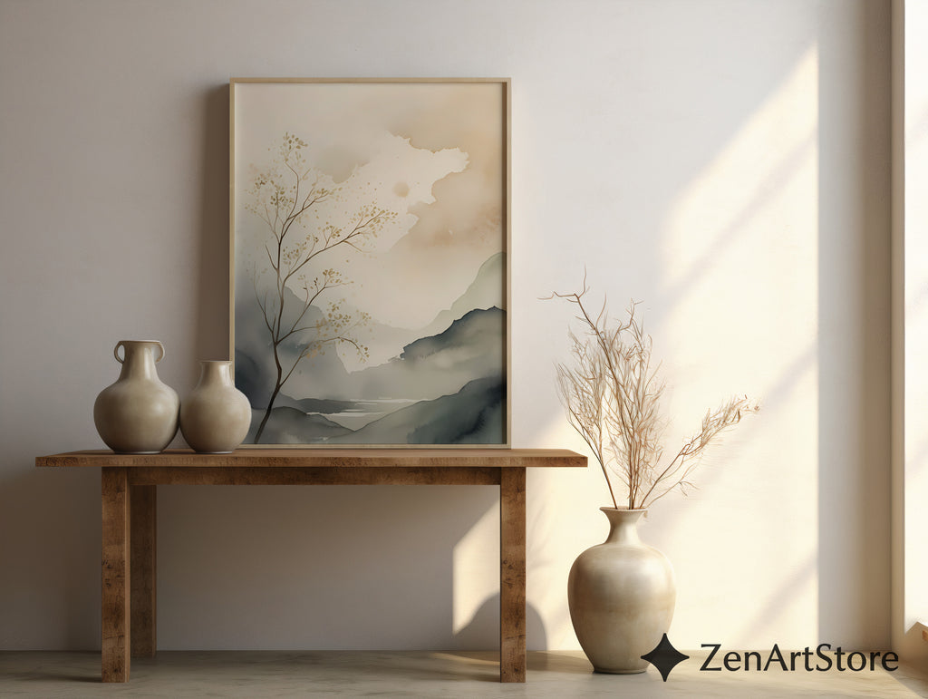 Calm Neutral Landscape Art Print - Minimal Japandi Wabi Sabi Botanical Wall Decor for Living Room & Bedroom