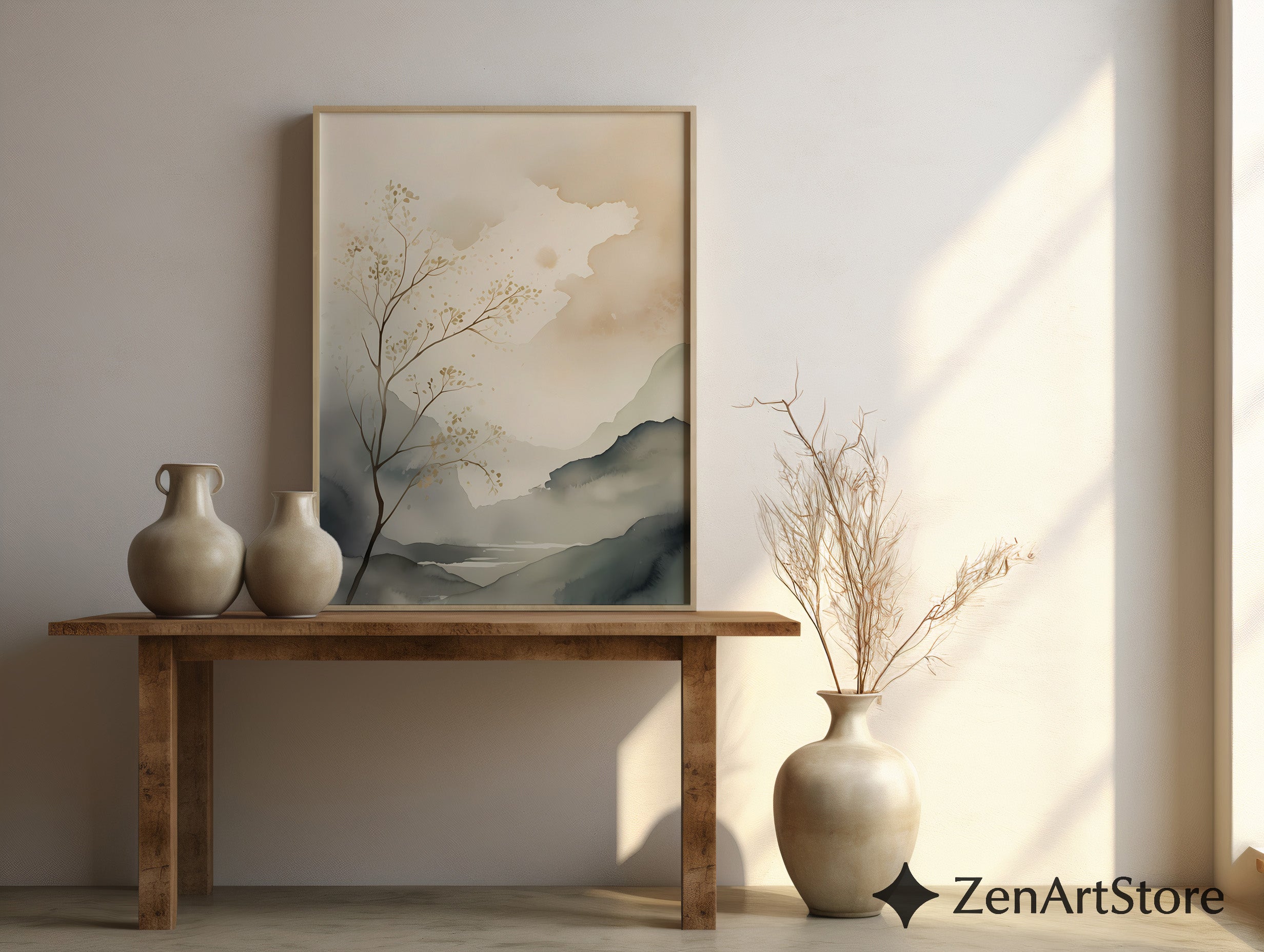 Calm Neutral Landscape Art Print - Minimal Japandi Wabi Sabi Botanical Wall Decor for Living Room & Bedroom