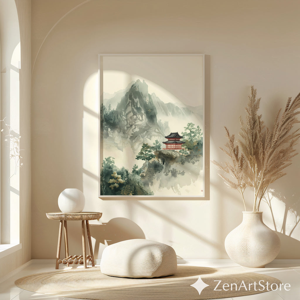 Zen Mountain Pagoda Art Print - Minimal Japanese Sumi-e Landscape, Japandi Wall Art for Calming Neutral Home Decor