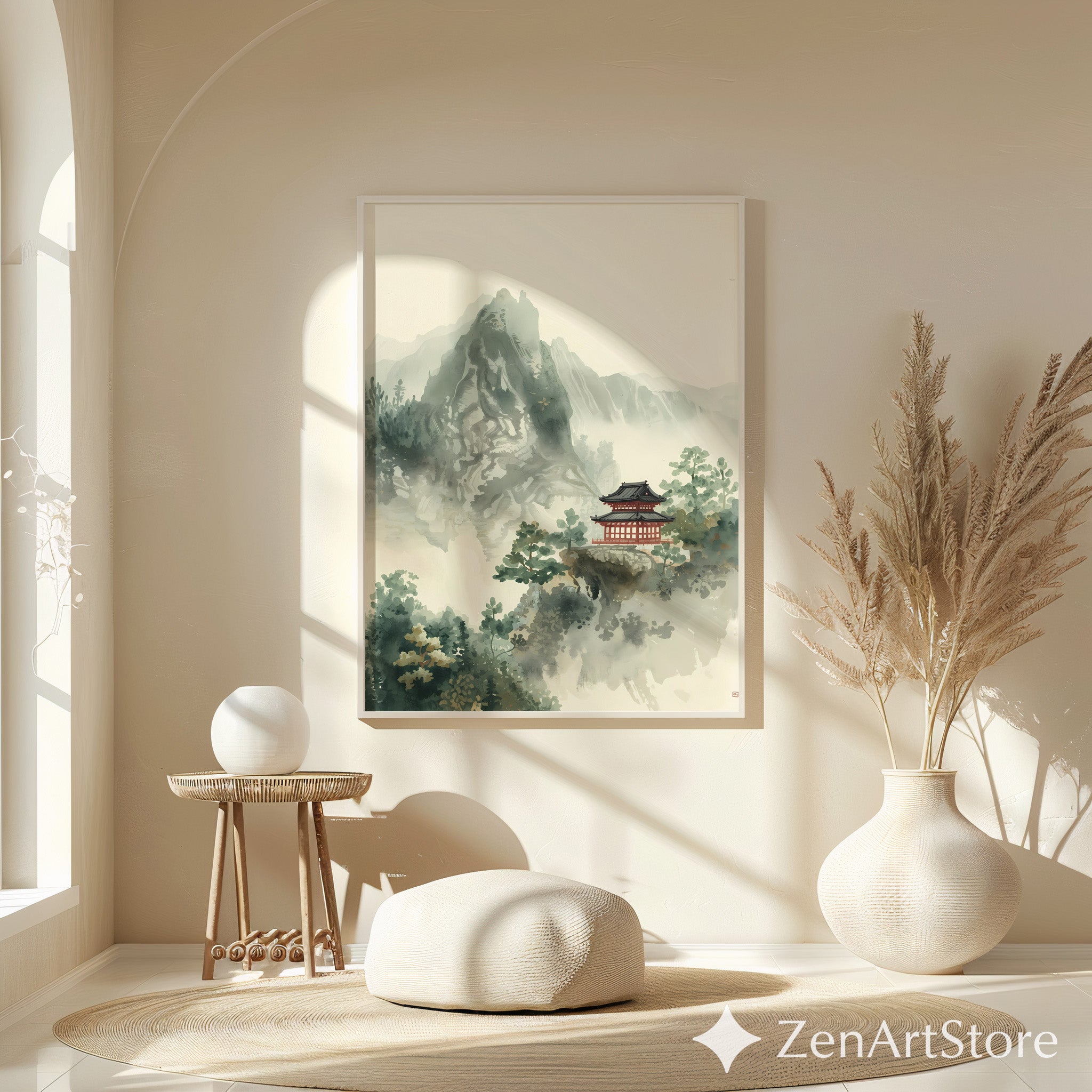 Zen Mountain Pagoda Art Print - Minimal Japanese Sumi-e Landscape, Japandi Wall Art for Calming Neutral Home Decor