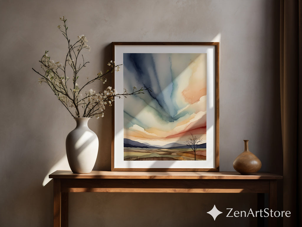 Abstract Zen Landscape Watercolor Print - Minimal Japandi Wall Art, Neutral Sky & Hills for Living Room