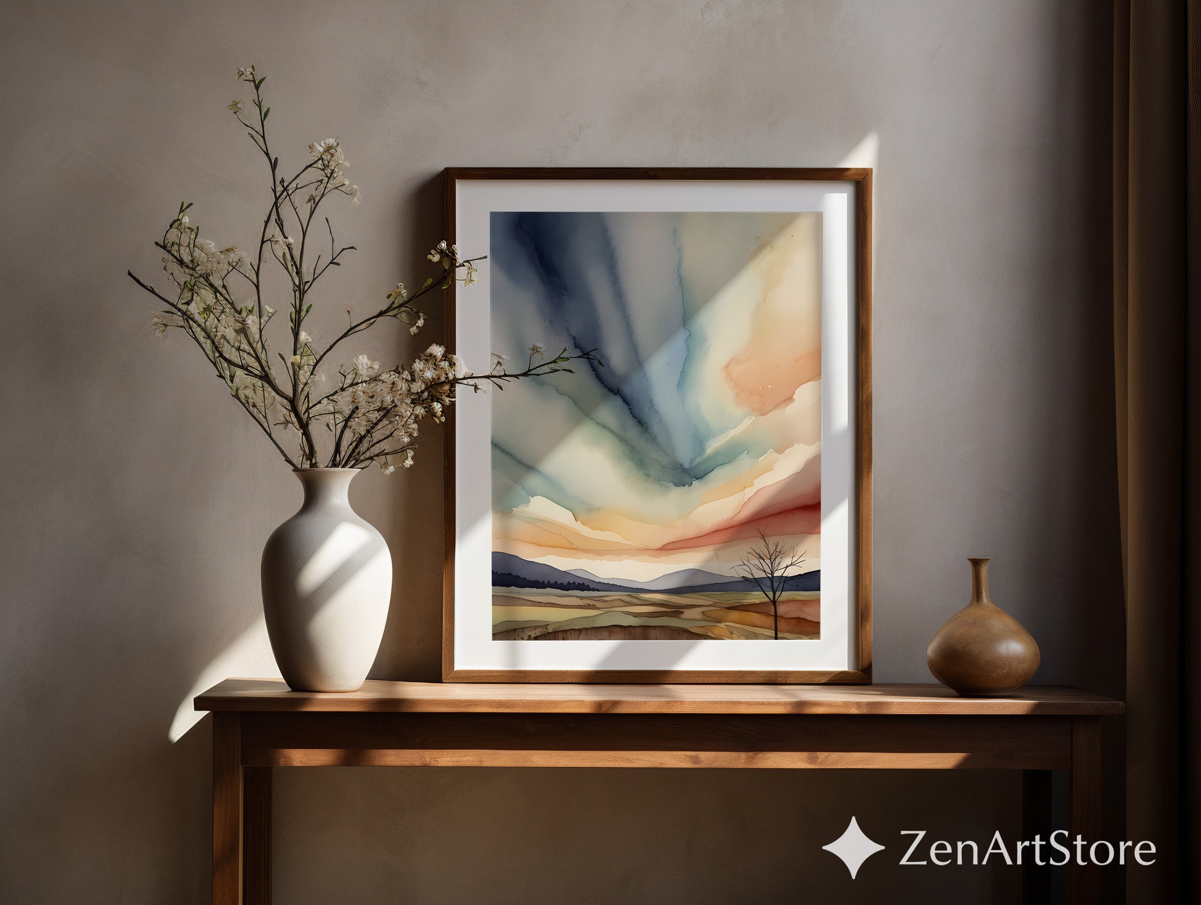 Abstract Zen Landscape Watercolor Print - Minimal Japandi Wall Art, Neutral Sky & Hills for Living Room