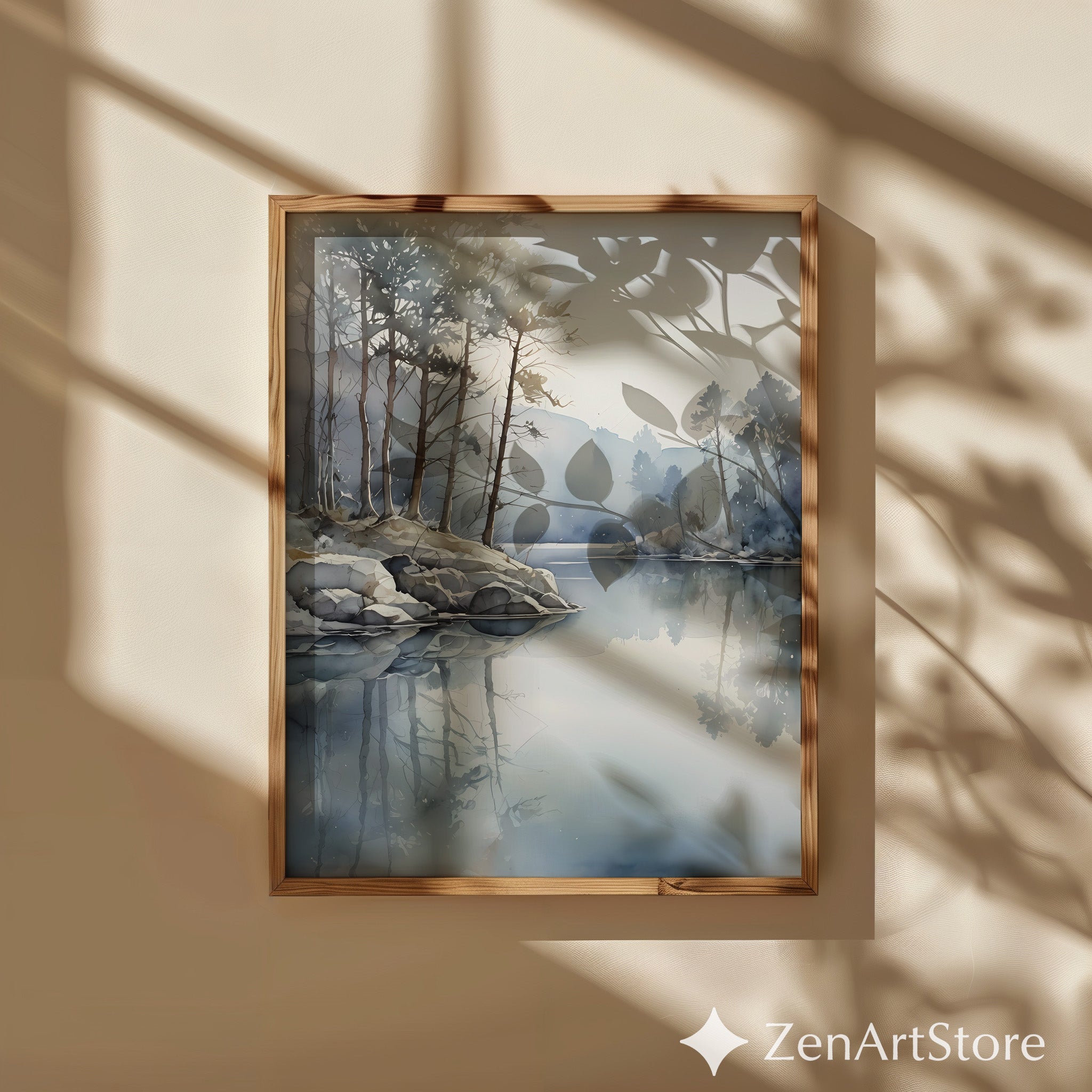 Misty Lake Watercolor Print - Calm Minimal Landscape Wall Art for Living Room Japandi Scandinavian Neutral Decor