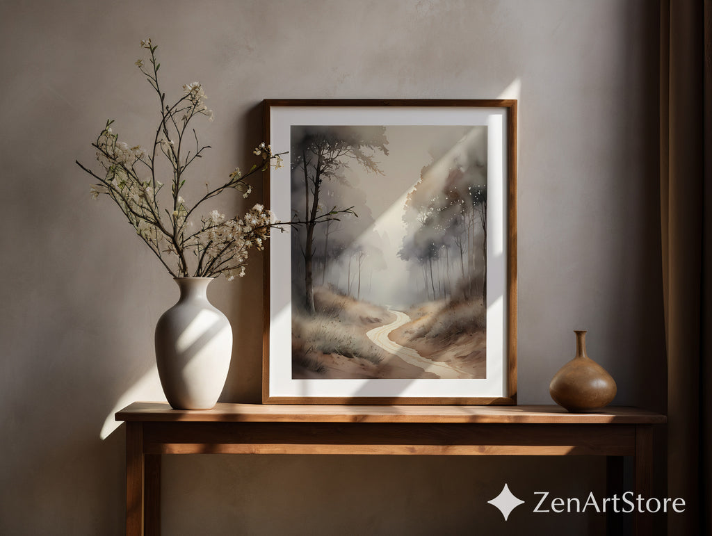 Misty Forest Path Neutral Wall Art Print - Japandi Wabi-Sabi Minimal Landscape for Living Room, Bedroom, Office