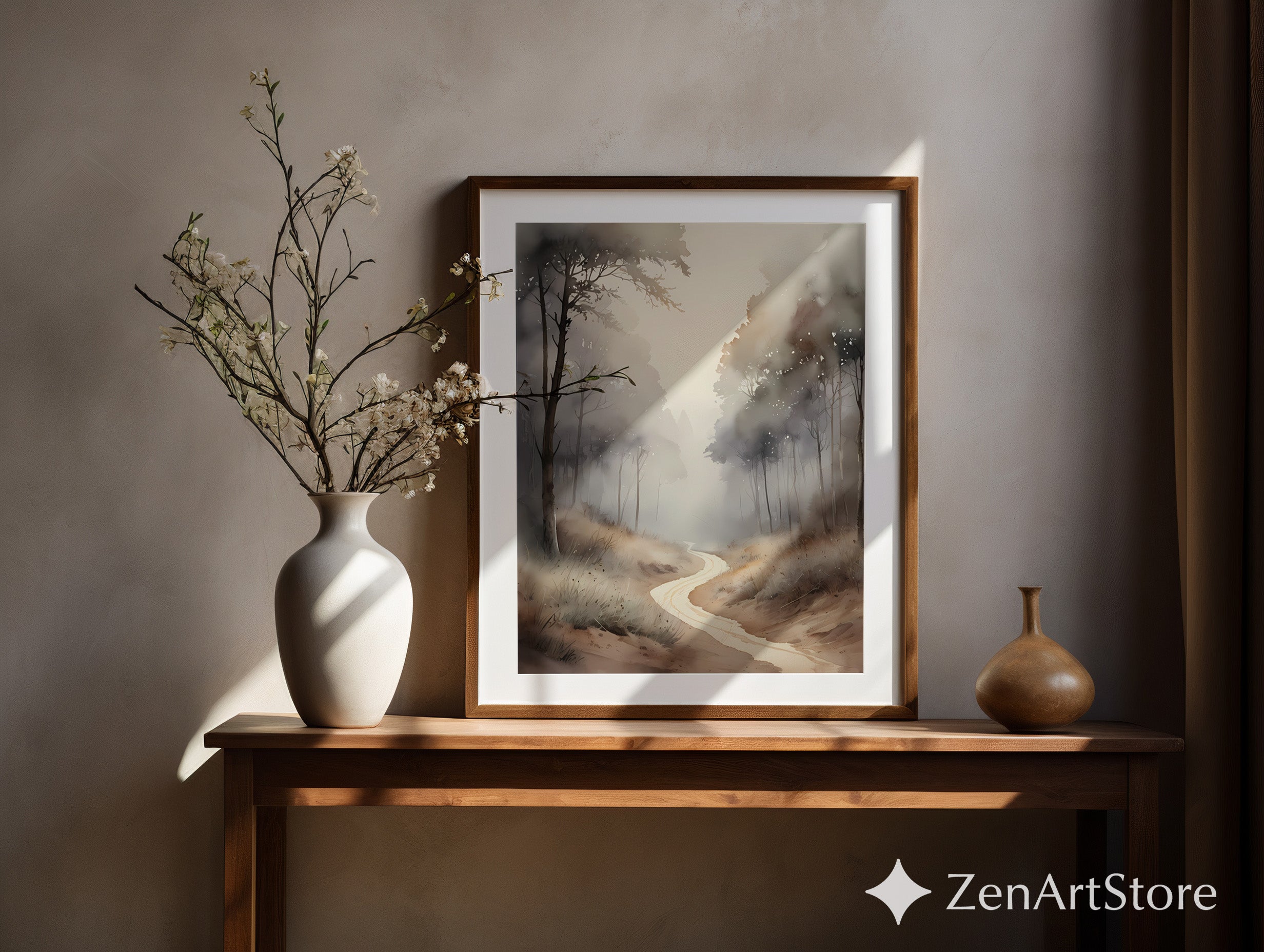 Misty Forest Path Neutral Wall Art Print - Japandi Wabi-Sabi Minimal Landscape for Living Room, Bedroom, Office